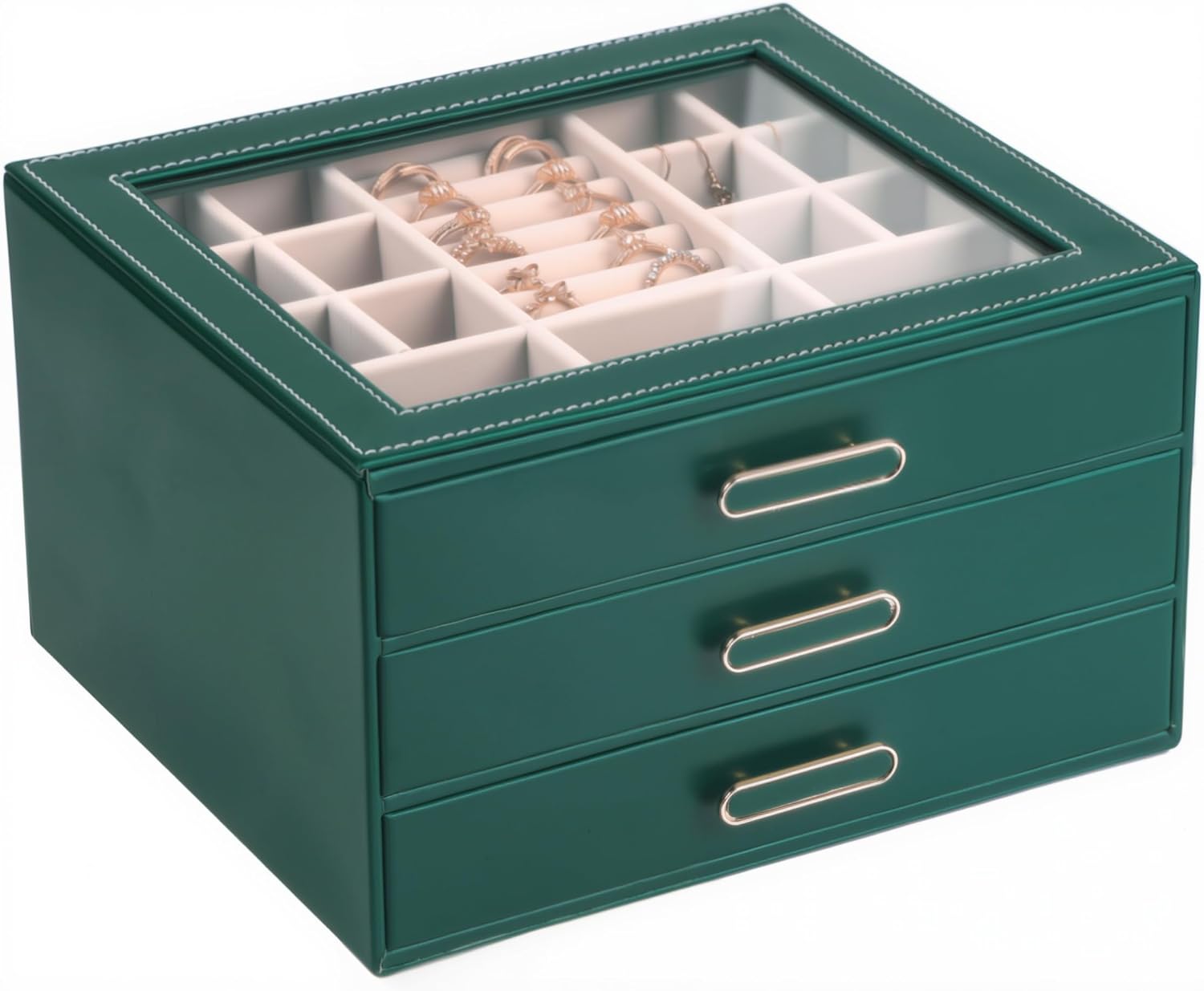 3 Layer Jewelry Organizer Box with Glass Lids & 3 Drawers – Elegant Storage Solution for Necklace, Rings，Earrings, and Bracelets – Perfect for Women ASK-301 (Green)