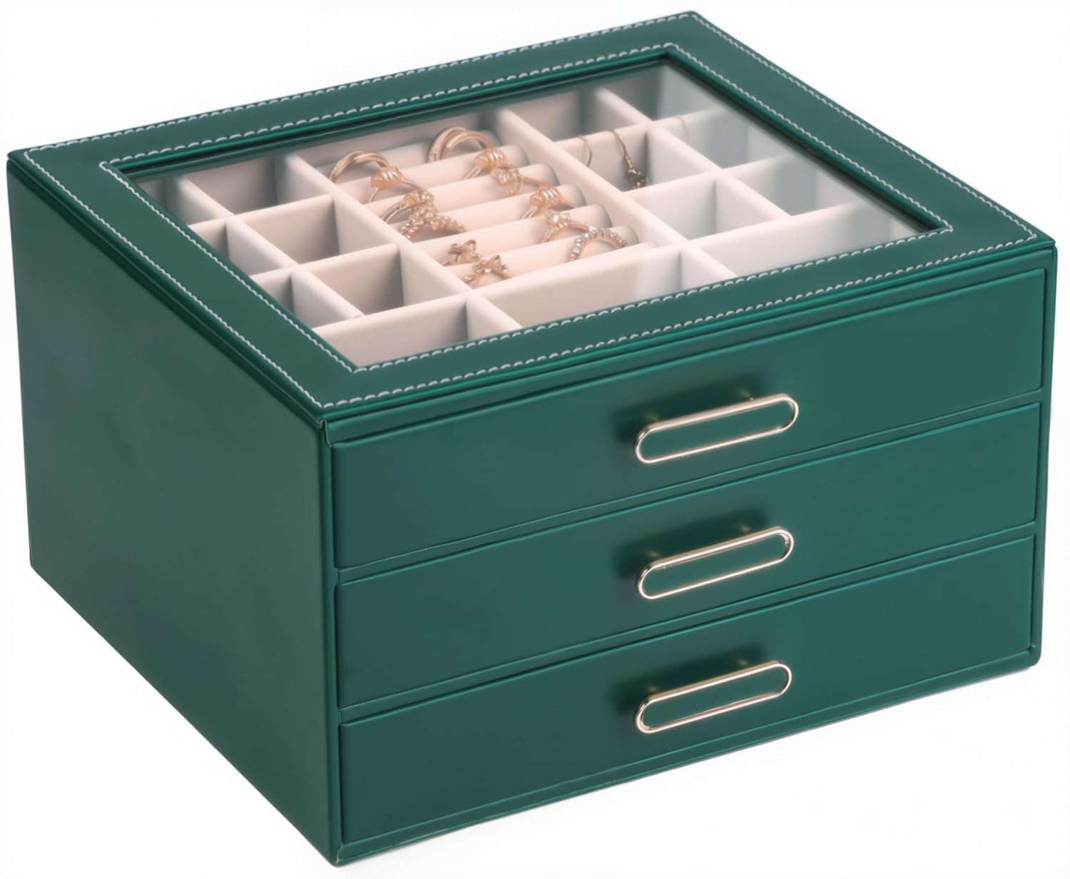 3 Layer Jewelry Organizer Box with Glass Lids 3 Drawers - Elegant Storage Solution for Necklace Rings Earrings