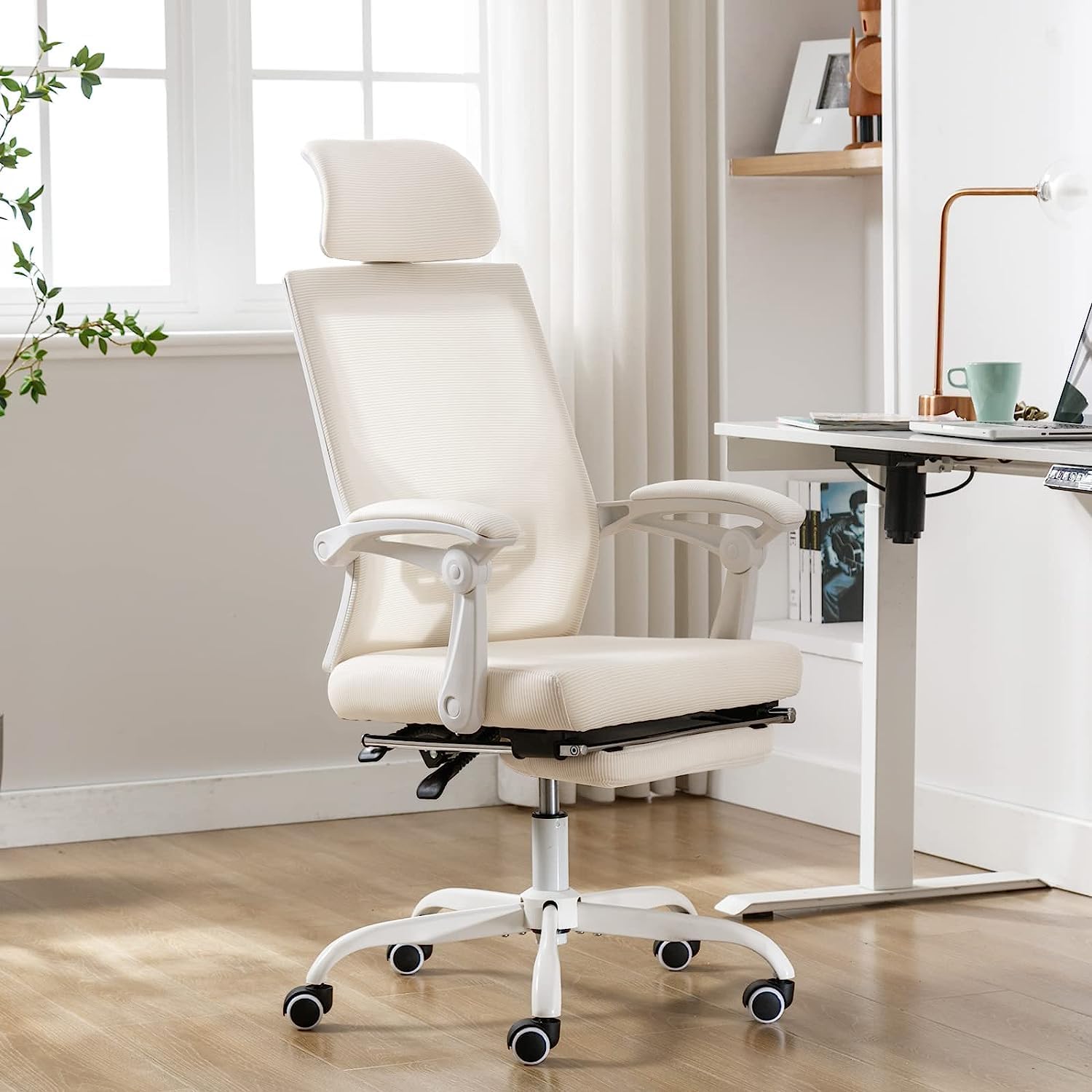 LepdepMesh Ergonomic Office Chair with Footrest Home Office Desk Chair with Headrest and Backrest 90-135 Adjustable Computer Desk Chair with Wheels 360 Swivel Task Chair (Cream White)