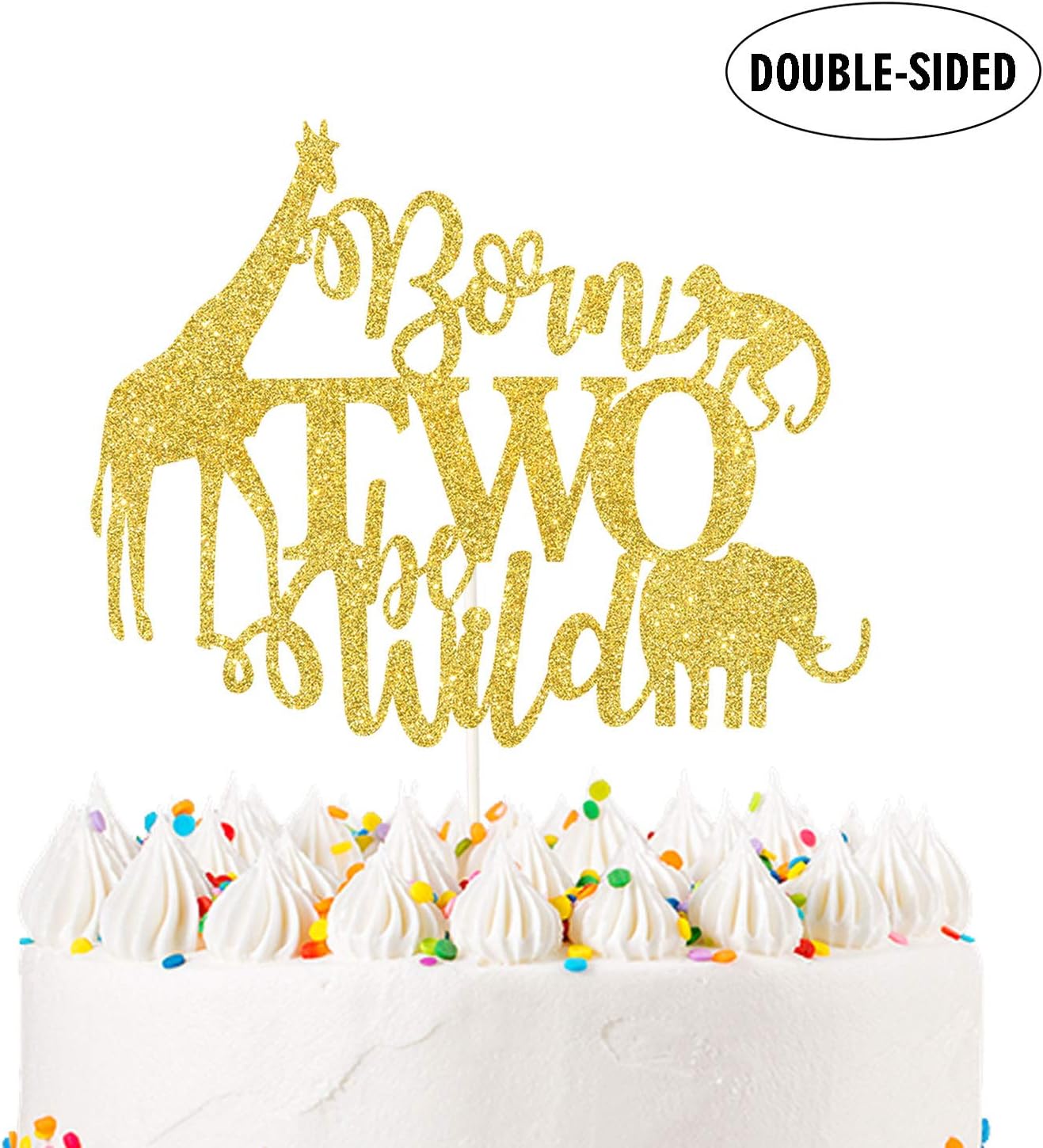 Born Two Be Wild Cake Topper, Gold Glitter Twins Cake Decor, Twins Baby Shower Supplies Safari Woodland Themed Twins 1st Birthday Party Decorations