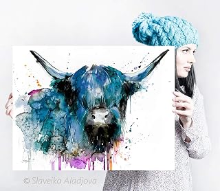 Highland Cow Cattle watercolor painting print by Slaveika Aladjova