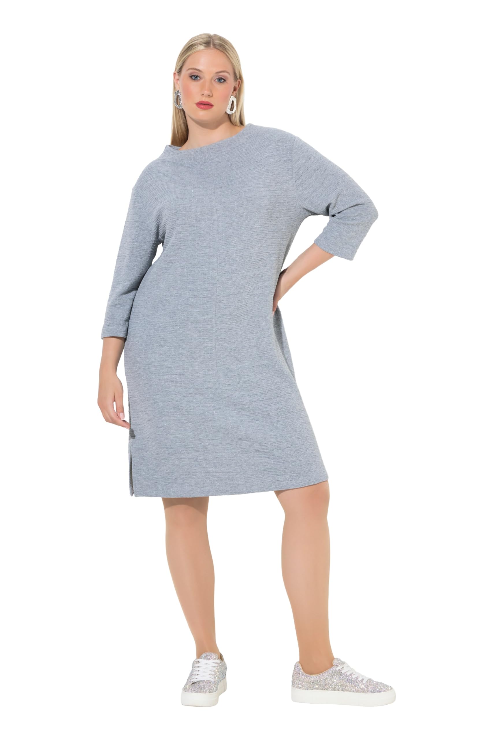 Ulla Popken Damen große Größen Übergrößen Plus Size Strickkleid, Struktur, U-Boot-Ausschnitt, 3/4-Arm 843999