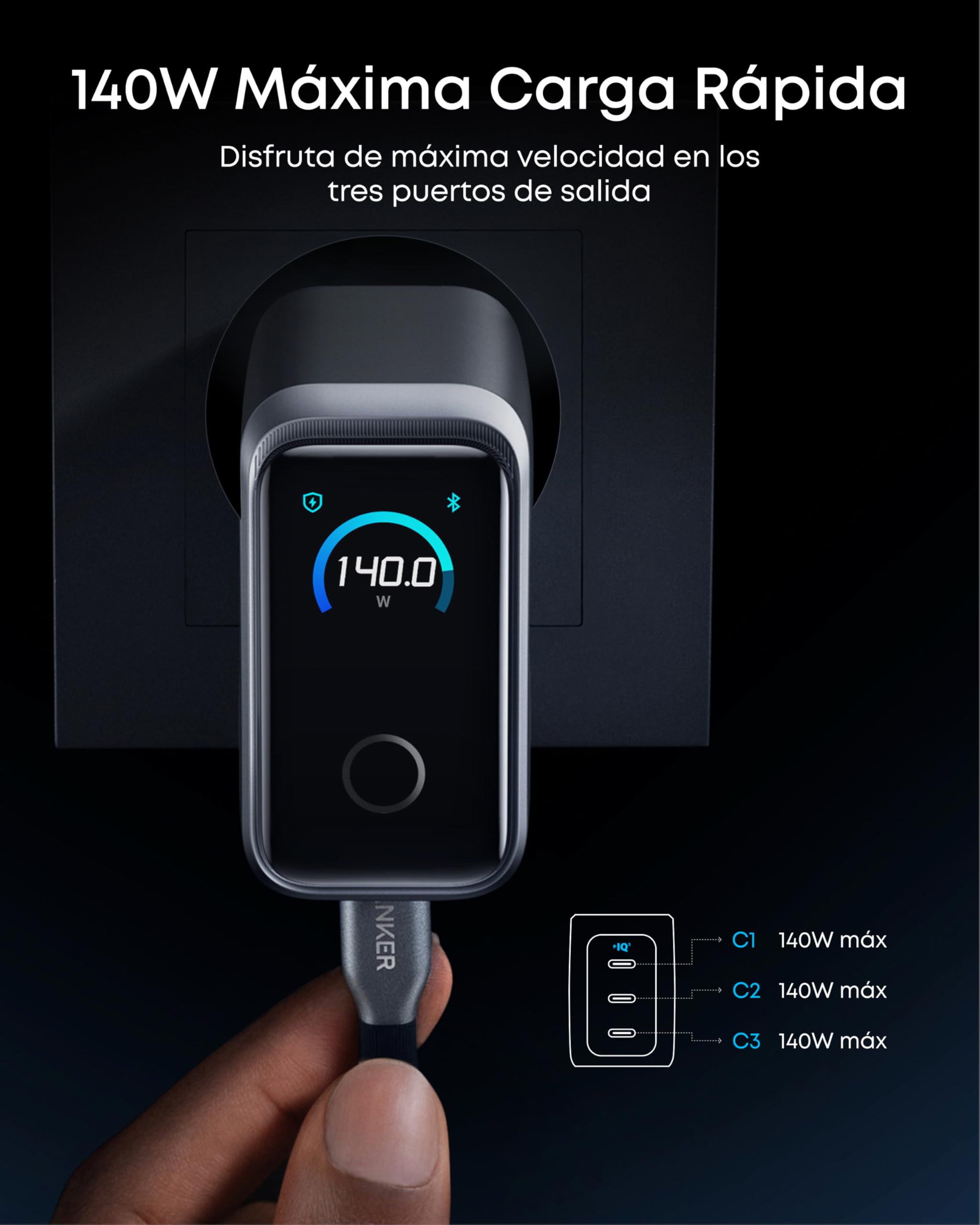Anker Prime Cargador USB C Carga Rapida GAN de 160 W y 3 Puertos, Pantalla Inteligente, táctil, Carga ultrarrápida de 140 W en Cualquier Puerto para portátiles, MacBook, iPad, iPhone 17/16/15 y más.