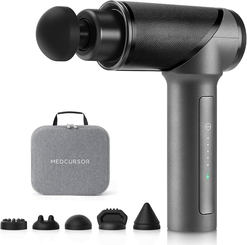 Pistola de masaje: motor sin escobillas de alta intensidad, masajeador de tejido profundo de percusión de mano con 6 cabezales de masaje para dolor muscular y rigidez, regalos del día de San Valentín (gris)