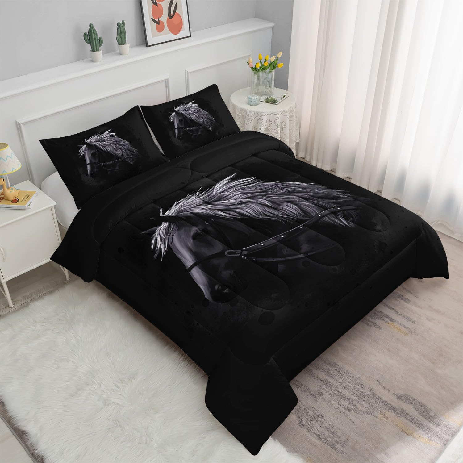 Datura home Bedding Comforter Set Black Horse Dark Horse Printed Pattern Quilt Bedding Set with 1 Comforter and 2 Pillowcases for Girls and Boys Bedroom All Season(Black Horse Twin)