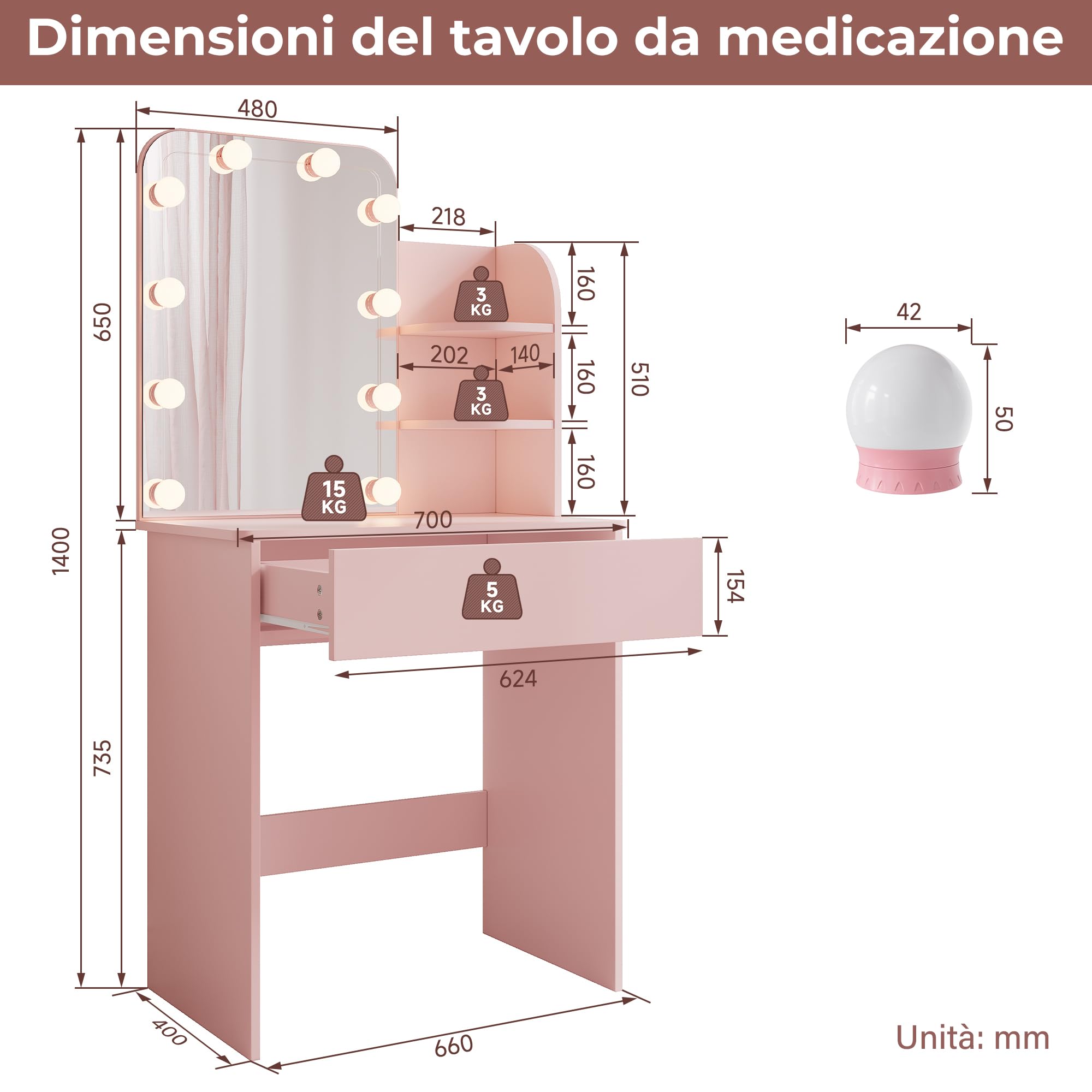 SONNI, Specchio Trucco con Luci, Toletta con Cassetti con Lampadine LED a 3 Colori 70x40x140cm, Rosa Toeletta Trucco Bambina