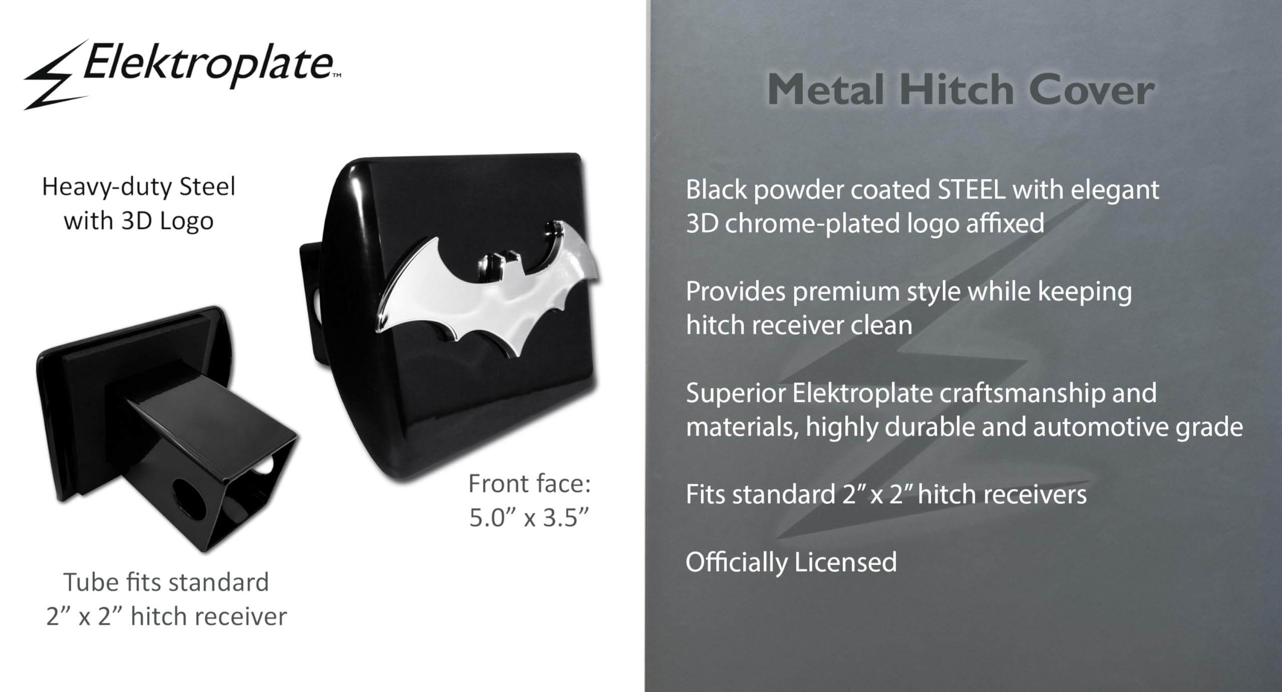 Elektroplate Batman "czarny i chromowany "3D nietoperz" emblemat metalowy pokrowiec na zaczep do przyczepy pasuje do 5-calowego odbiornika samochodu ciężarowego