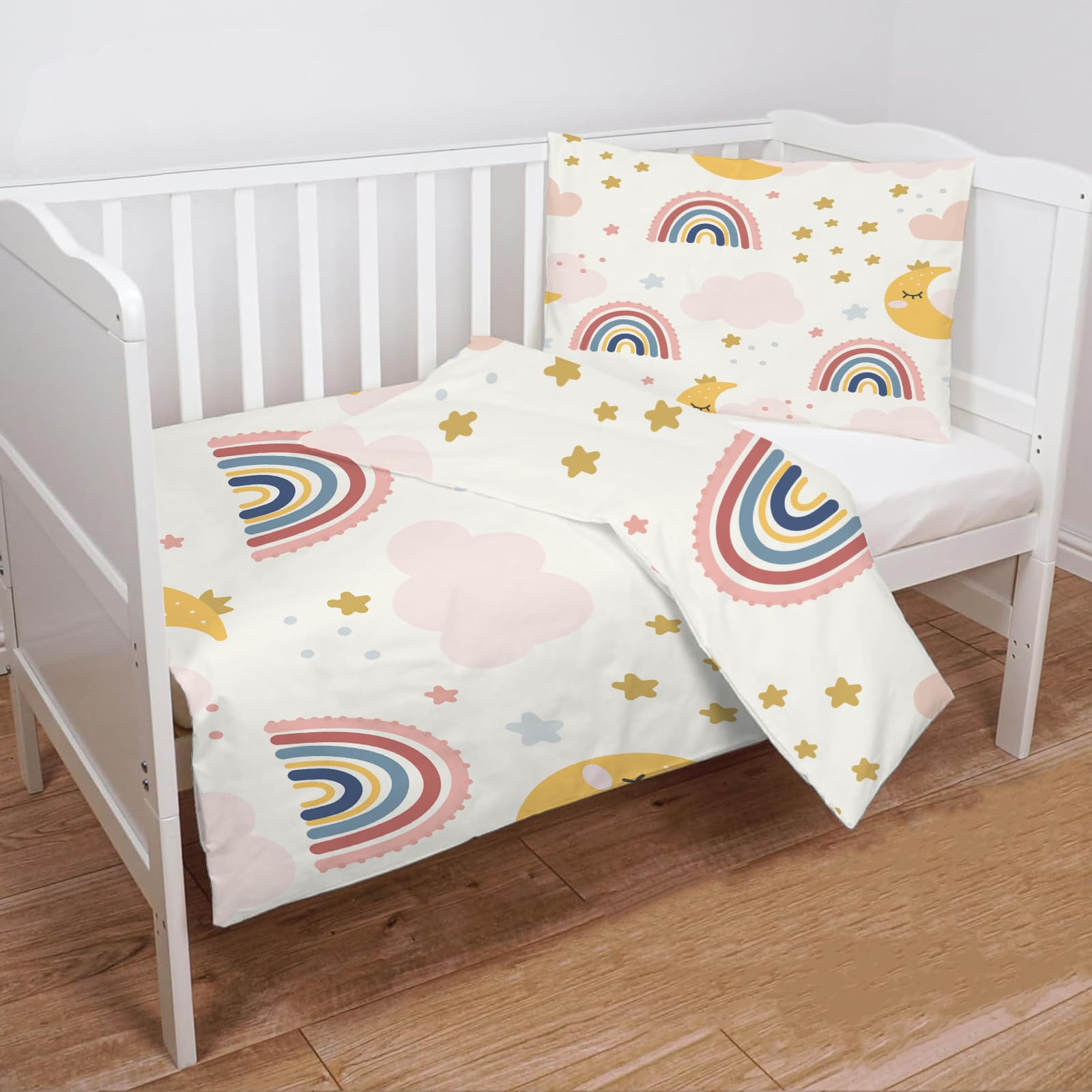 Parure de lit pour Enfant et BéBé étoiles Étoile Housse de Couette 100x135 cm Bebe et Taie d'oreiller 40x60 cm, Lune Jaune Réversible Ensemble de Literie Linge de Lit pour Tout-Petits