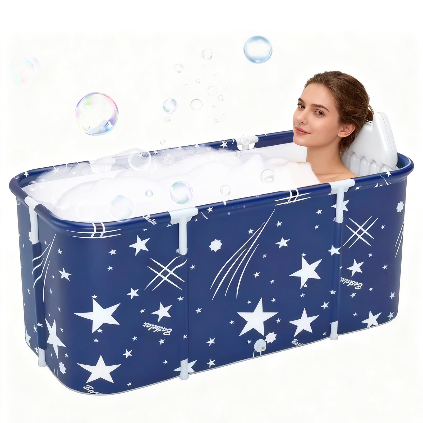 Bañera Plegable para Ducha, Bañera Portátil para Adultos con Cojines, Bañeras Independiente para Interiores y Exteriores, 120 x 55 x 50 cm (Azul)