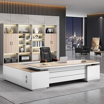 71" Brown Large Modern Executive Office Desk, Wood Computer Desk with Lateral Cabinet Study Writing Table Business Furniture Set for Home Office