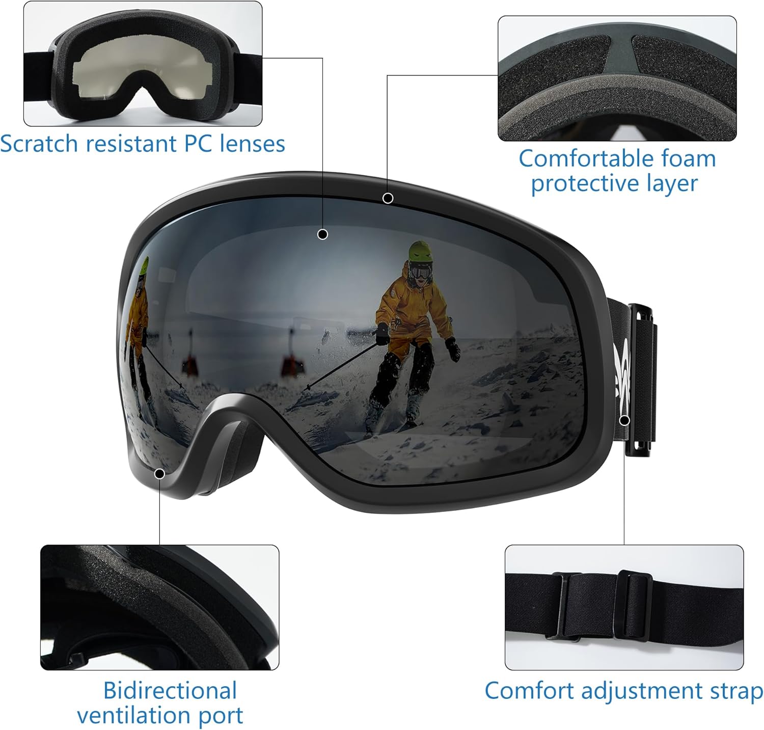 Ski Goggles Snowboard Goggles for Men Women Adults Youth,Over Glasses OTG/100% UV Protection/Anti-fog/Wide Vision - Image 5