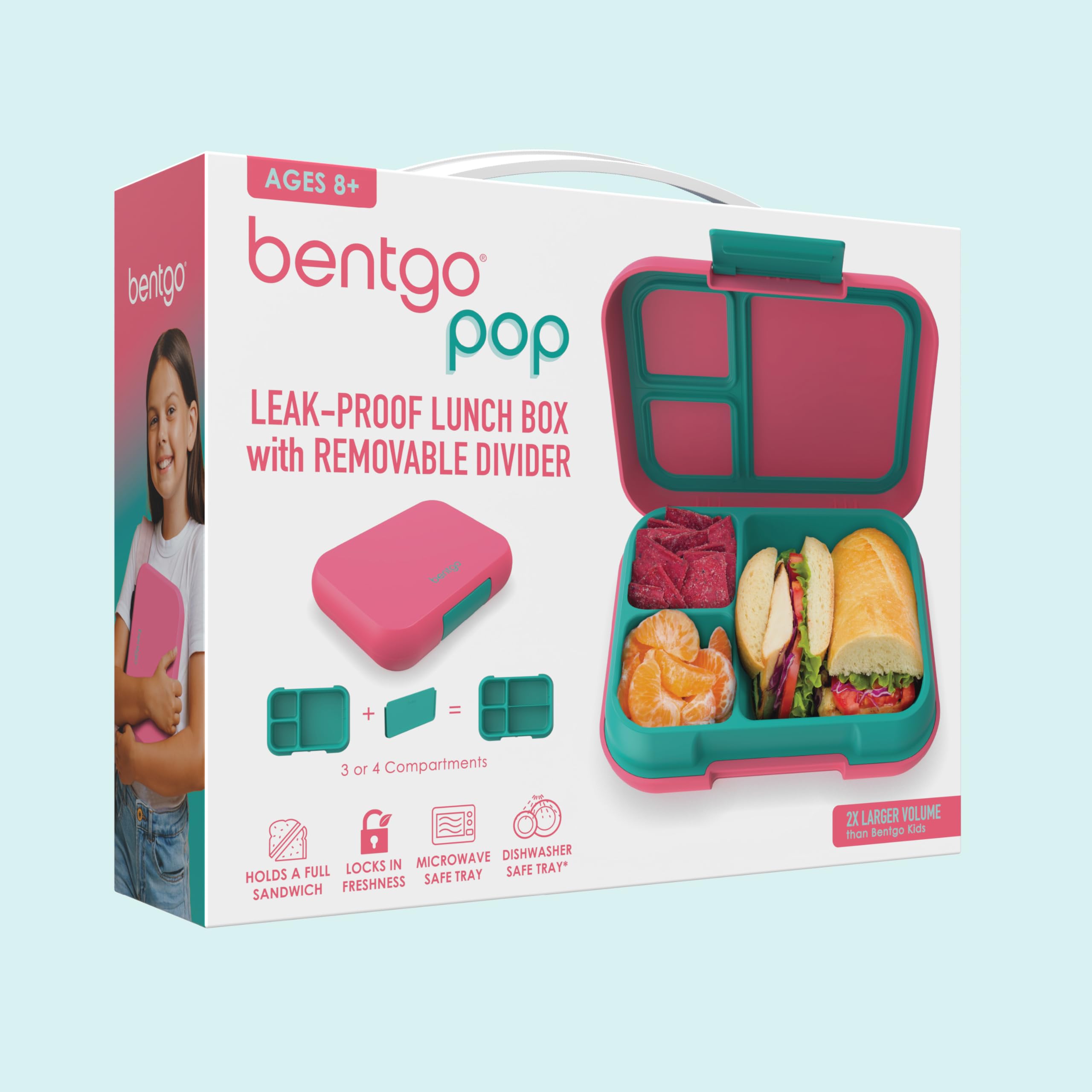Bentgo Pop - Leak-Proof Lunch Box & Removable Divider for Ages 8+ & Teens - Lunch Container Holds 5 Cups of Food; 3-4 Compartments; Microwave/Dishwasher Safe; 2 Year Warranty (Bright Coral/Teal)