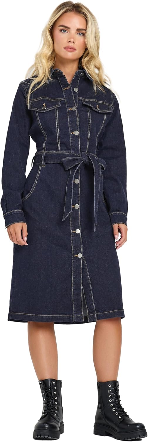 M&Co Women's Petite Button Through Denim Midi Dress Indigo
