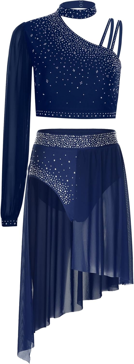 XUNZOO Lyrical Dance Costume for Womens Sparkly Single Seelve Crop Tops with Modern Contemporary Dancewear 2Pcs Outfit