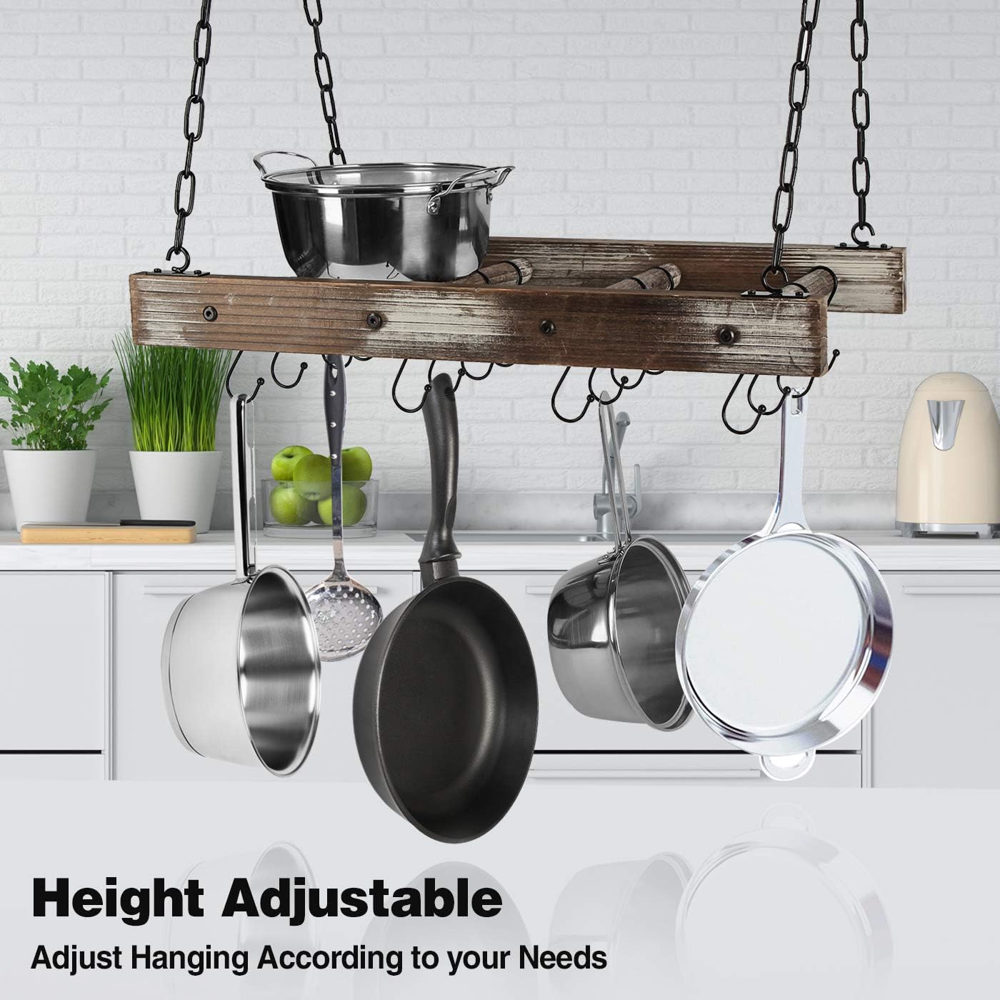 J JACKCUBE DESIGN Rustic Wood Pot Pan Rack Ceiling Mounted Hanger Multi- Purpose Wood and Metal Cookware Kitchen Storage Organizer With Utility 16 Hooks - MK603B: Home & Kitchen