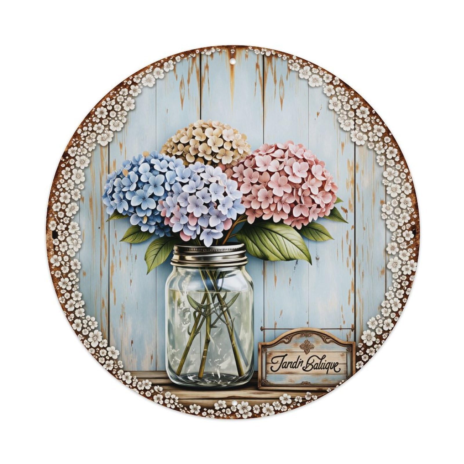 Floral Jar Hydrangea Rustic Round Tin Sign Vintage Style Metal Sign Home Bar Garden Wall Plaque Decor Metal Poster 8x8 Inch
