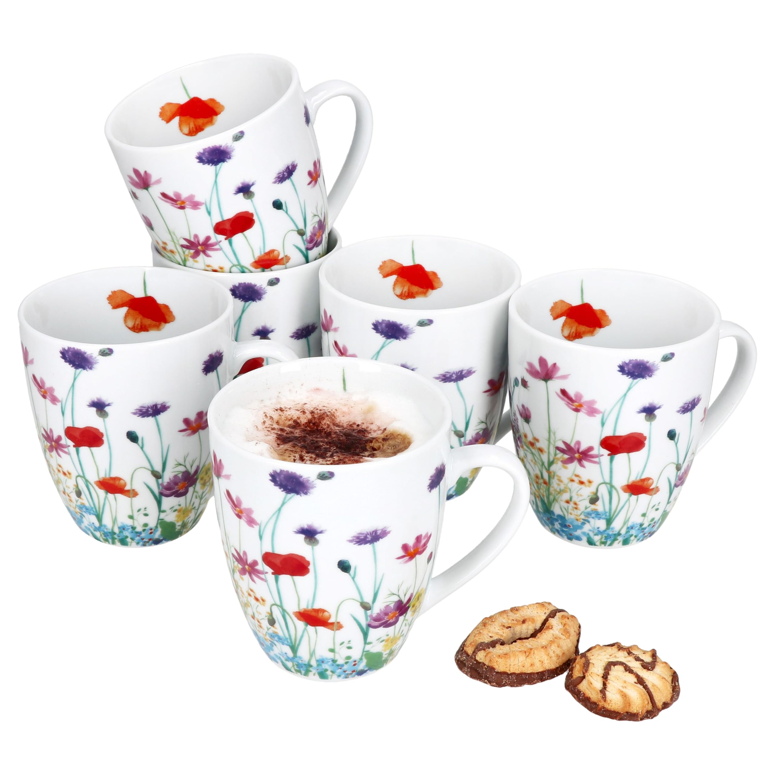 MamboCat Marie Lot de 6 tasses à café, 320 ml, en porcelaine, avec anse et prairie fleurie pour 6 personnes, pour boissons chaudes comme le thé, le cacao, etc