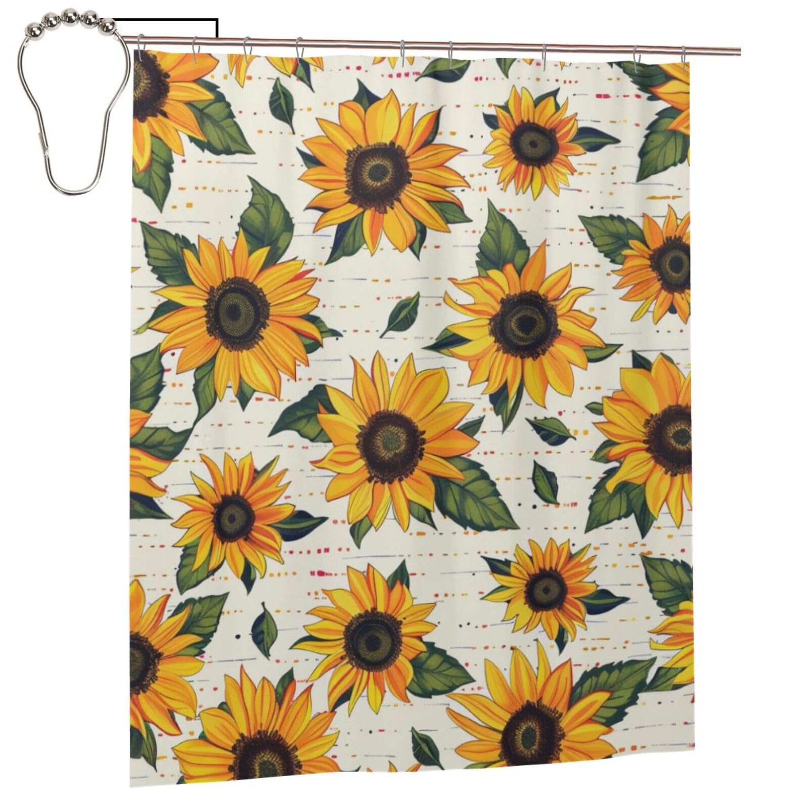 BWWHCCTI Sunflower Pattern Printed Shower Curtain With 12 Iron Hooks Opaque Quick Drying Waterproof Shower Curtains Sets For Bathroom 152x183 Cm