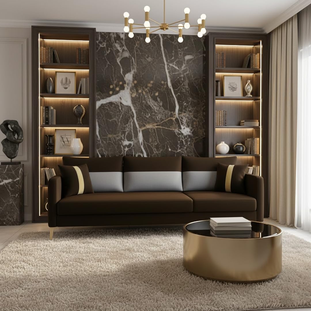 FURNY Cassol 3 Seater Fabric Sofa Set (Light Grey-Brown) Premium Velvet Finish | Durable Comfort | Ideal for Living Room