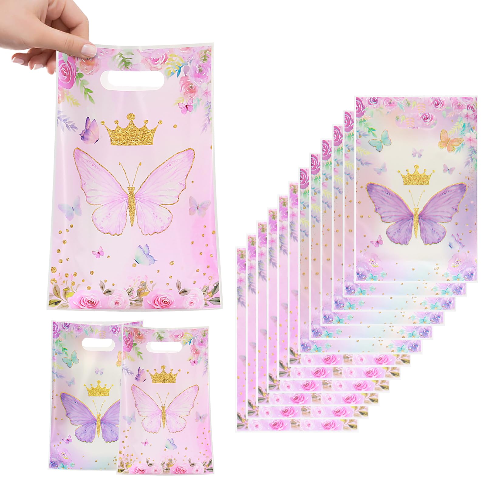 Infankey 50 PCS Butterfly Gift Bags Pink and Purple Butterflies Goodie Bags with gold Plastic Goodie Candy for Butterfly Theme Birthday Party Dessert Decors Party Supplies
