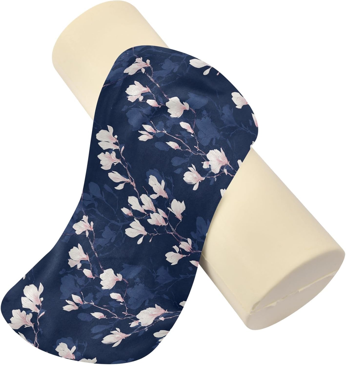 Gredecor Cervical Neck Roll Pillow Magnolia White Flowers on Navy Blue Round Memory Foam Pillows Cylinder Bolster Pillow with Washable Cover, Pain Relief Neck Pillows for Sleeping Support, 5.5x17IN - Image 2
