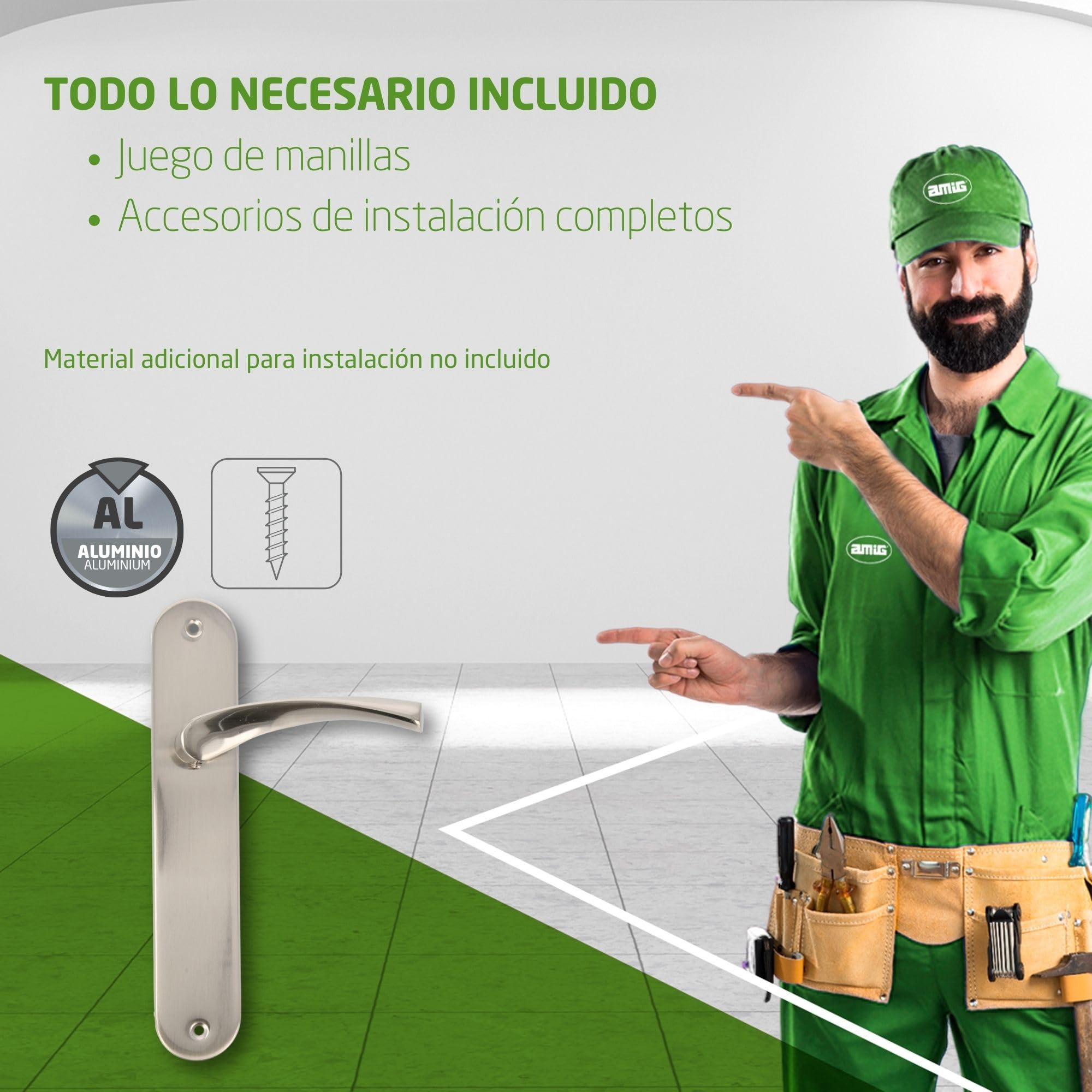 Amig – Juego de 4 manillas para puertas con placa de acero – Modelo ISHI PB – 240 x 45 mm – Cuadradillo de 8 mm – Diseño elegante y sencillo – Sin bocallave – Níquel-aluminio cepillado