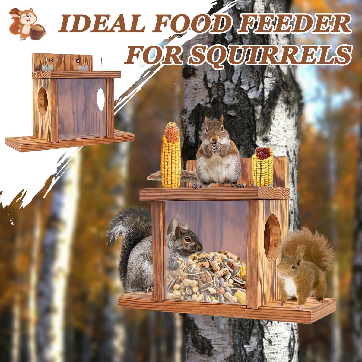 Eichhörnchen Futterhaus, Eichhörnchen Futterstation Wetterfeste, Eichhörnchenfutterstation zum Aufhängen, Futterstation Eichhörnchen Haus aus Langlebigem Holz mit 2 Eingängen & Sitzplattformen