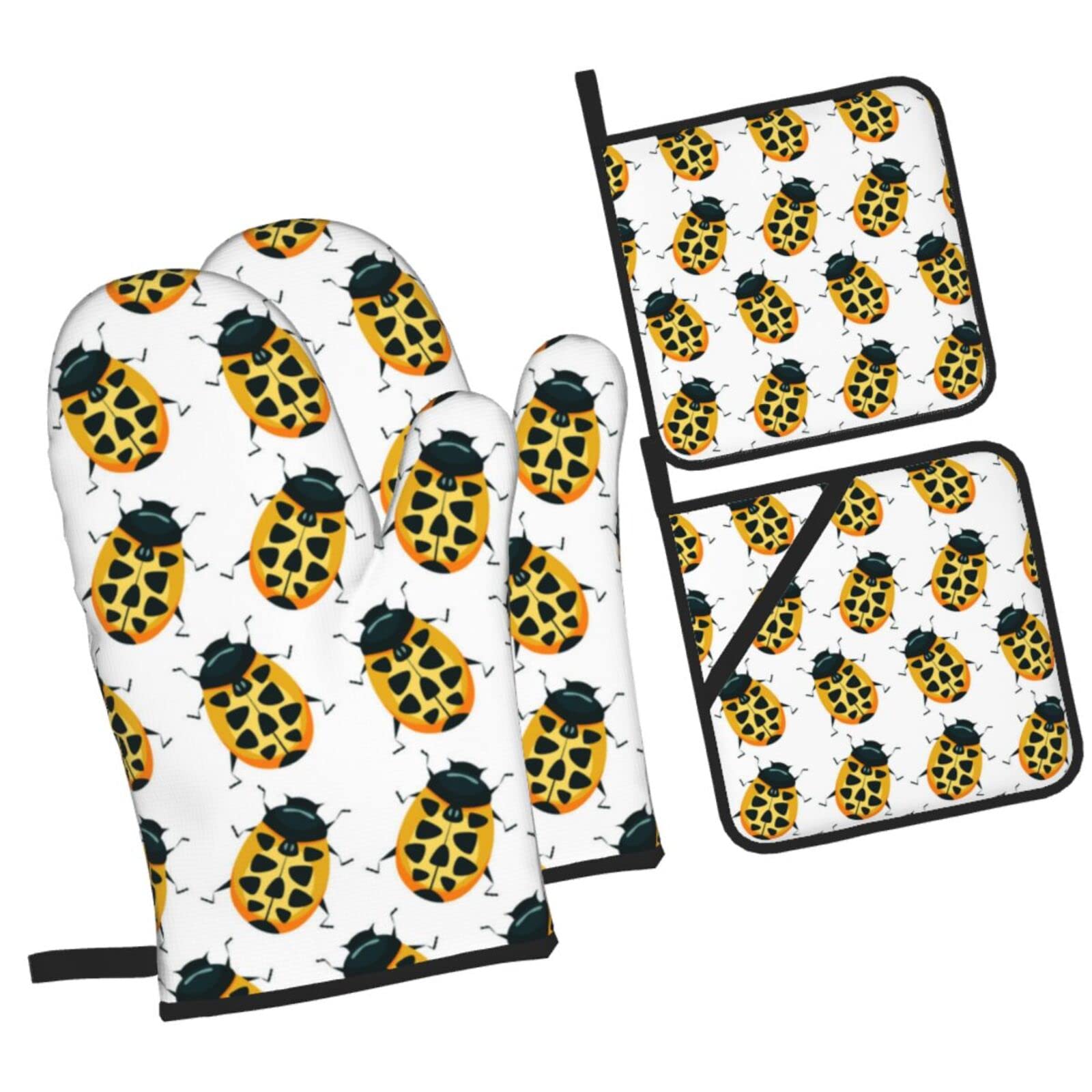 Yellow Ladybug Pattern Oven Mitts and Pot Holders Sets, Christmas Oven Mitt Kitchen Heat Resistant Non-Slip Pot Holders Set for Cooking Baking BBQ