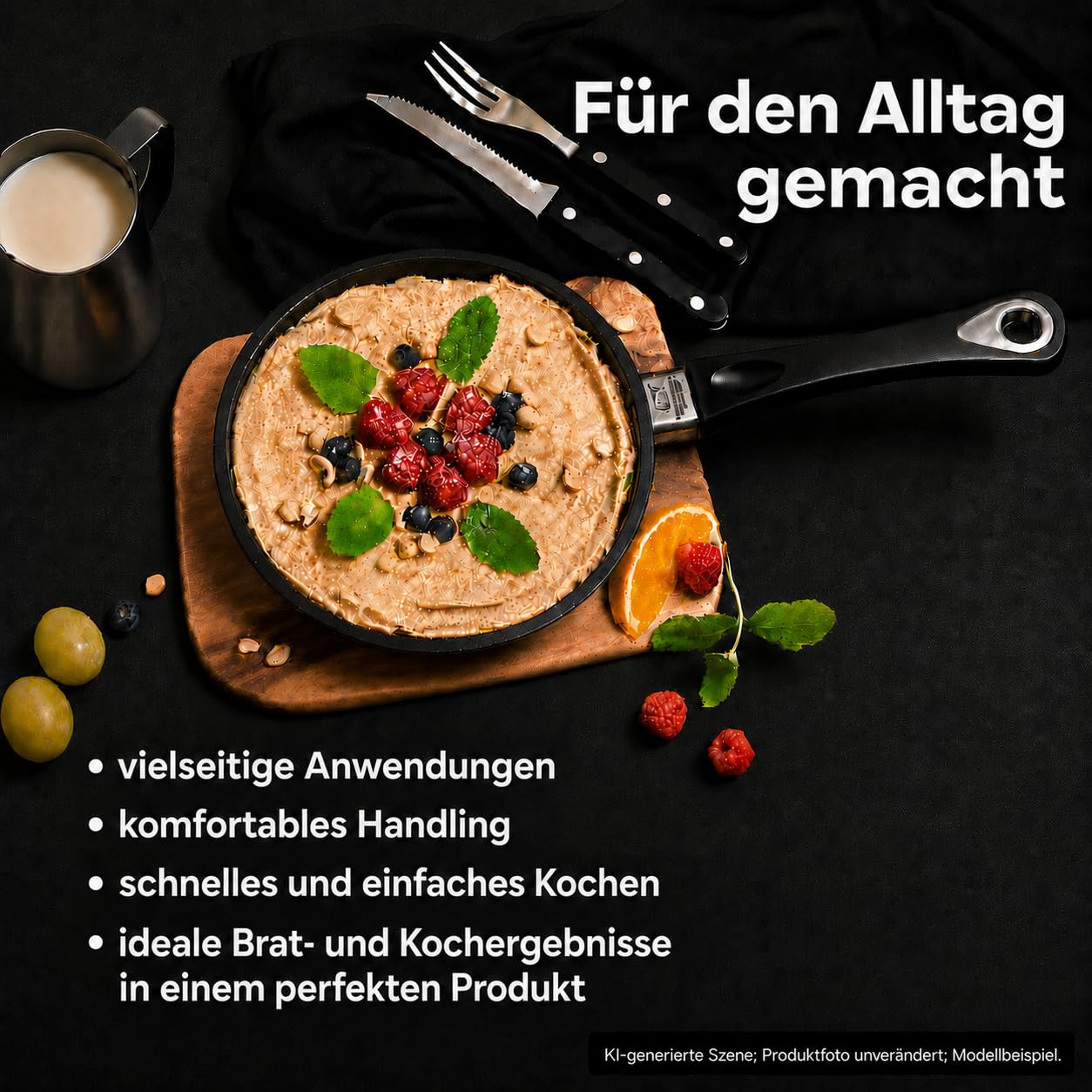 AMT Gastroguss Bratpfanne 28 cm Ø Schwenkpfanne 4 cm hoch, fester Stiel, nicht induktionsgeeignet, Lotan® Antihaft-Veredelung, Gusspfanne (Aluguss), AMZN-428