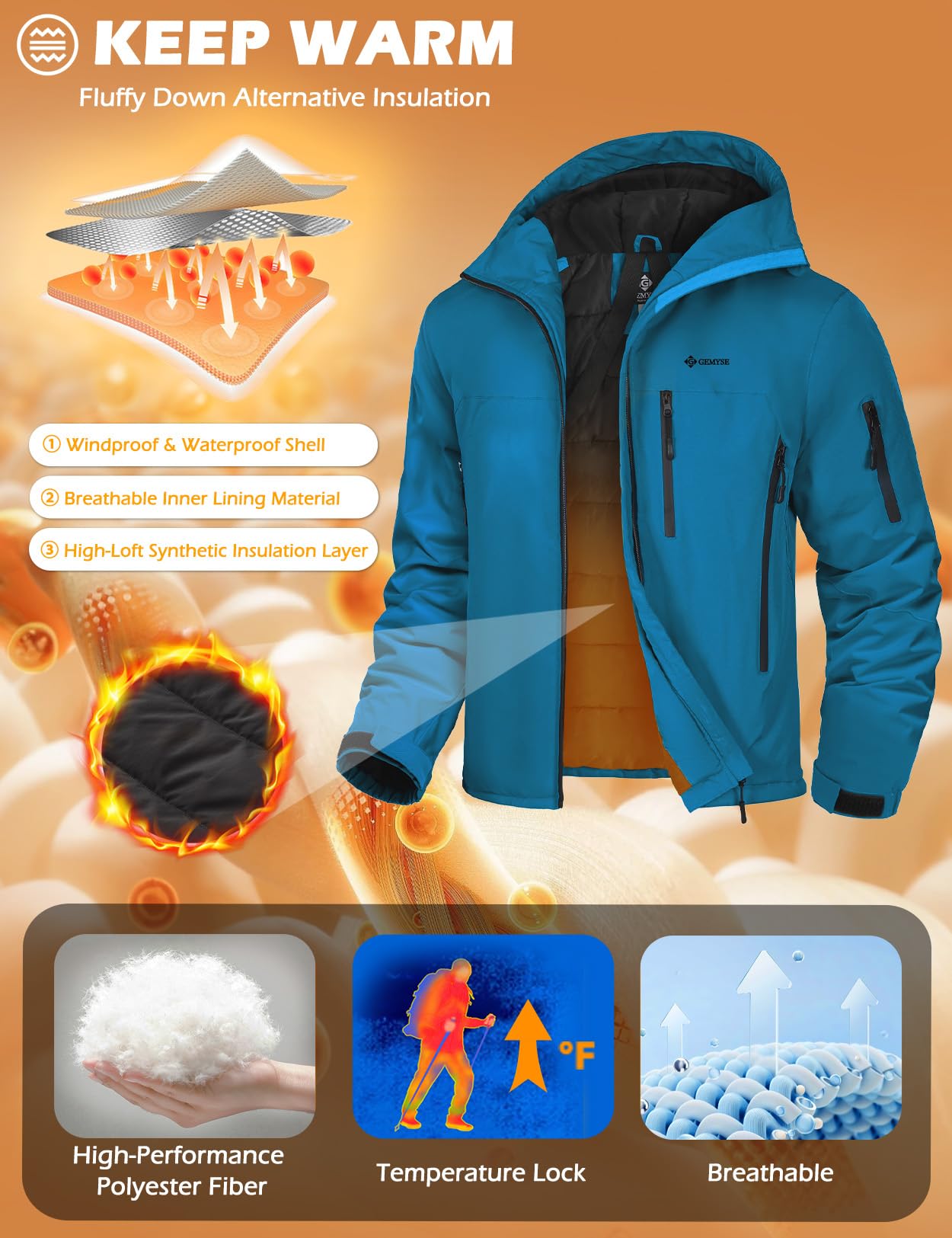 GEMYSE Veste de Ski Homme Chaude Imperméable Coupe-Vent Manteau avec Capuche Idéale pour la Montagne et la Randonnée en Hiver