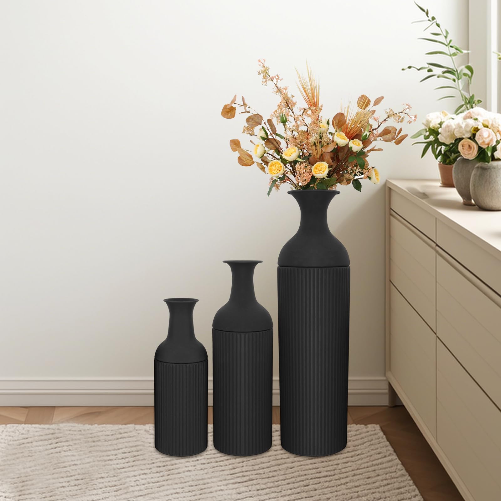 Jarrón de suelo alto negro vintage - 3 jarrones altos para suelo de mesa, jarrones altos de metal extra grandes con suelo de metal, jarrón moderno para salón, comedor, dormitorio, hogar, pasillo