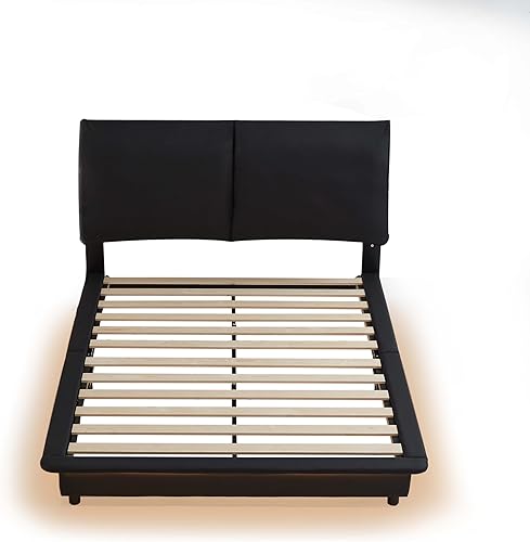 Miniatura 45 de Base de cama flotante tamaño Queen con luces LED y carga USB, marco de cama LED de plataforma tapizada moderna, no necesita somier (blanco-1)