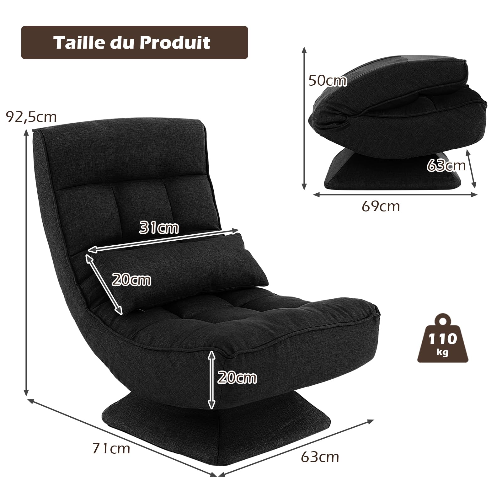 COSTWAY Chaise de Sol Pliable Réglable à 5 Positions, Fauteuil Rembourré Pivotante, avec Oreiller Lombaire, Fauteuil de Salon pour Méditer, Lire, se Reposer, sans Assemblage (Noir)