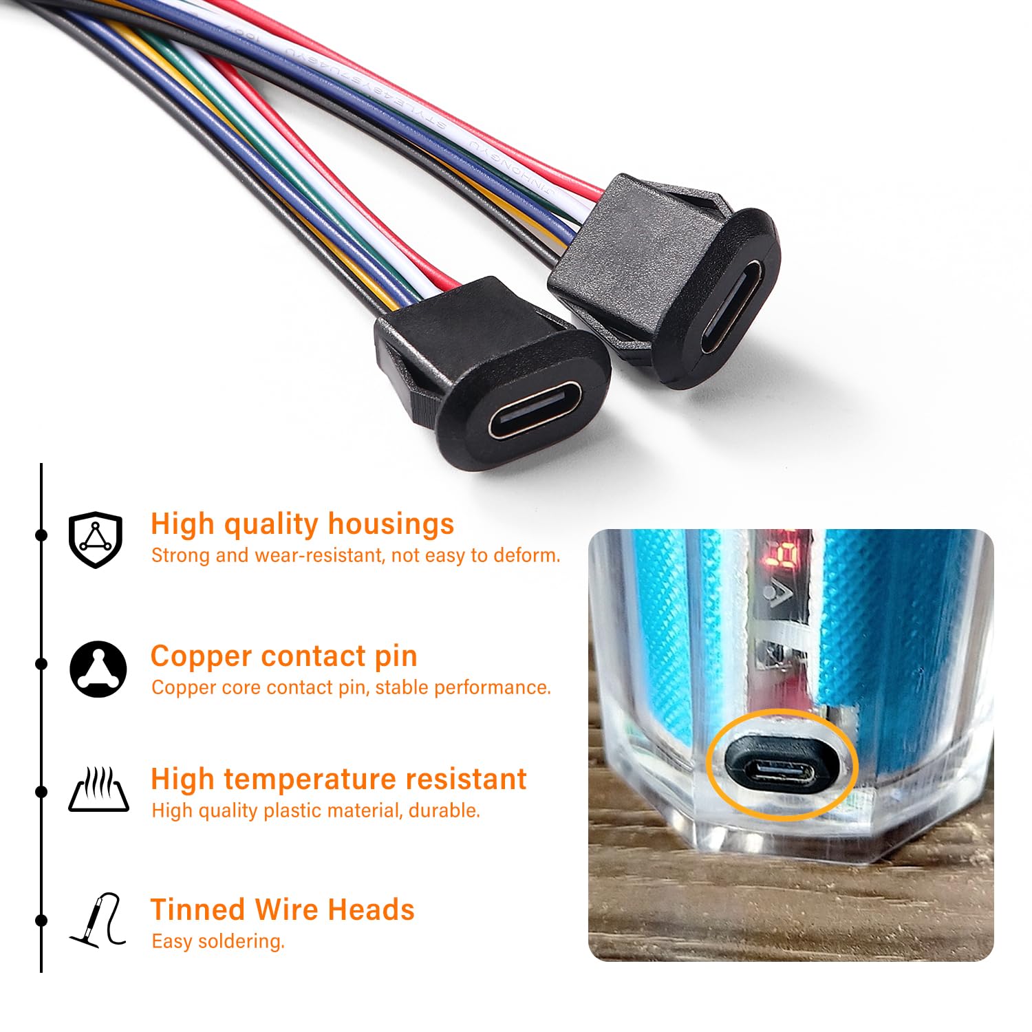 10 Stück USB-C Stecker 3A – 2-polig Mit 70 Mm Kabel, Für Panelmontage