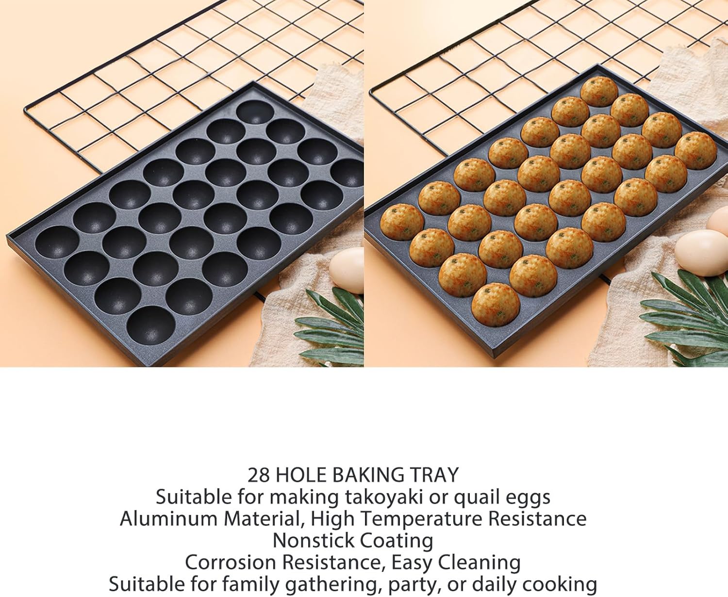28 Holes Takoyaki Maker, Nonstick Aluminum Kitchen Frying Pan, Octopus Meatballs Baking Tray with Hole Diameter 4cm, Versatile Cooking Tray for Meat Balls, Quail Eggs