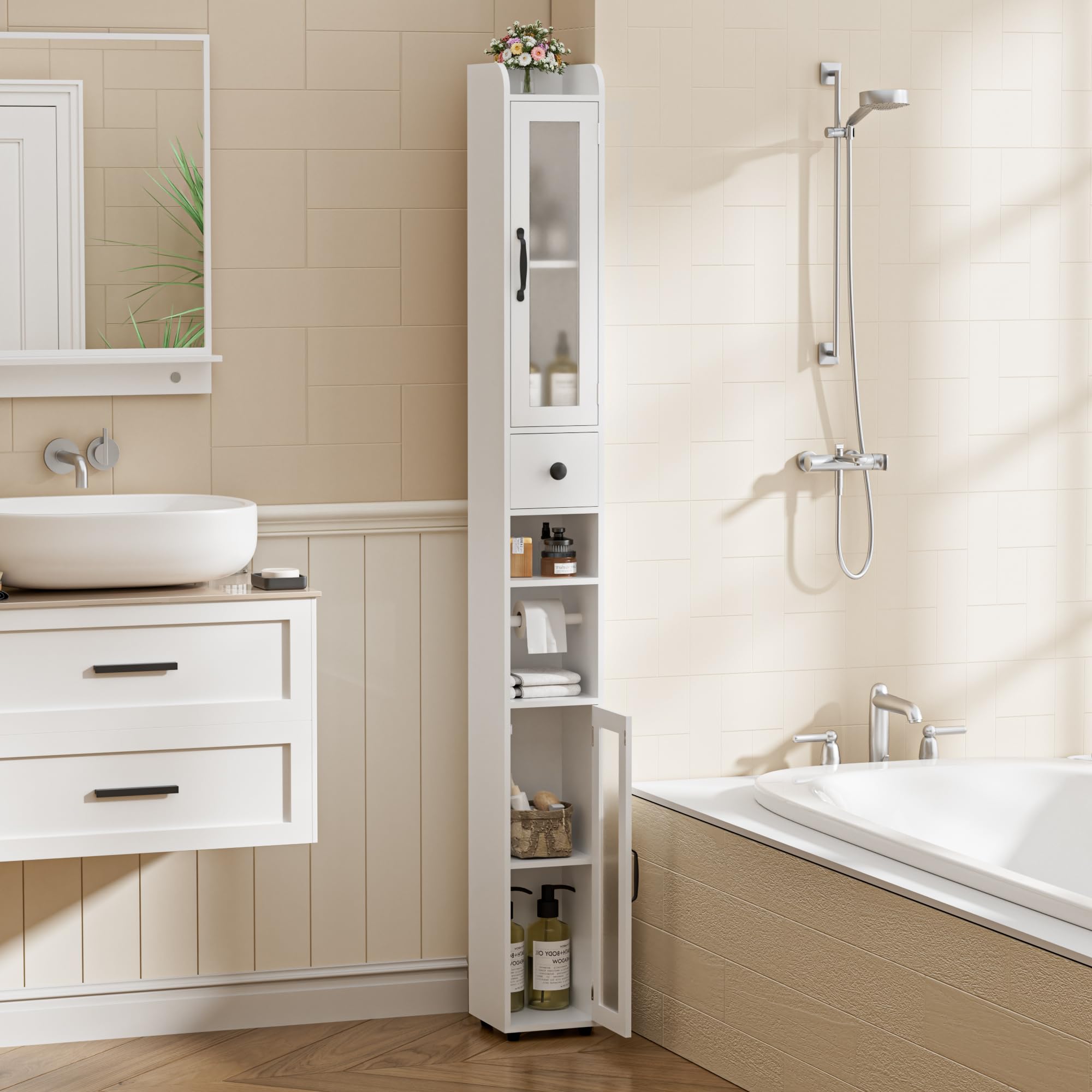 BonVache Mueble Baño Columna, Armario de baño con Estantes Ajustables, Estanterías con 2 Puertas de Vidrio y 1 cajón, Portarrollos Baño, Blanco, 20x20x180 cm