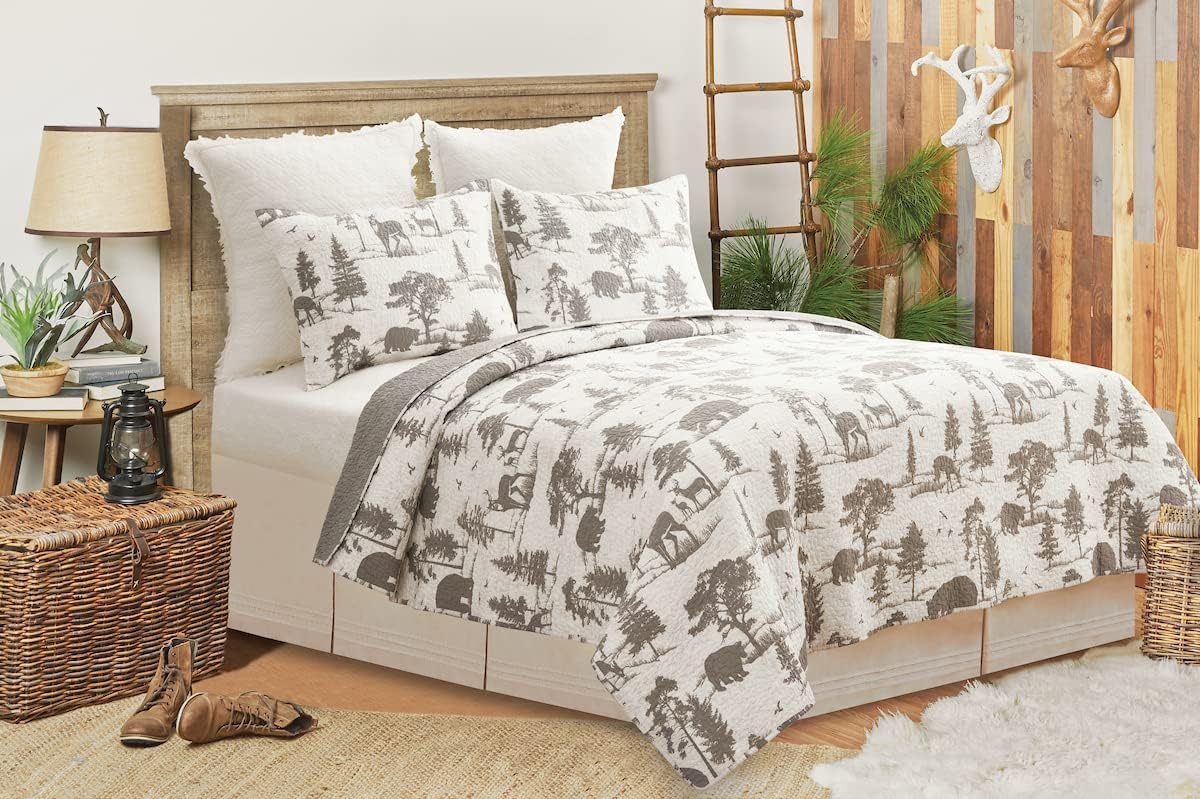 C&F Home Hillside Royal Rustic Lodge Full/Queen Bed Quilt Set Woodland Wilderness Forest Trees Bear Deer Stag Reversible Bedspread Bedding Coverlet for All Seasons Full/Queen 3 Piece Set Grey