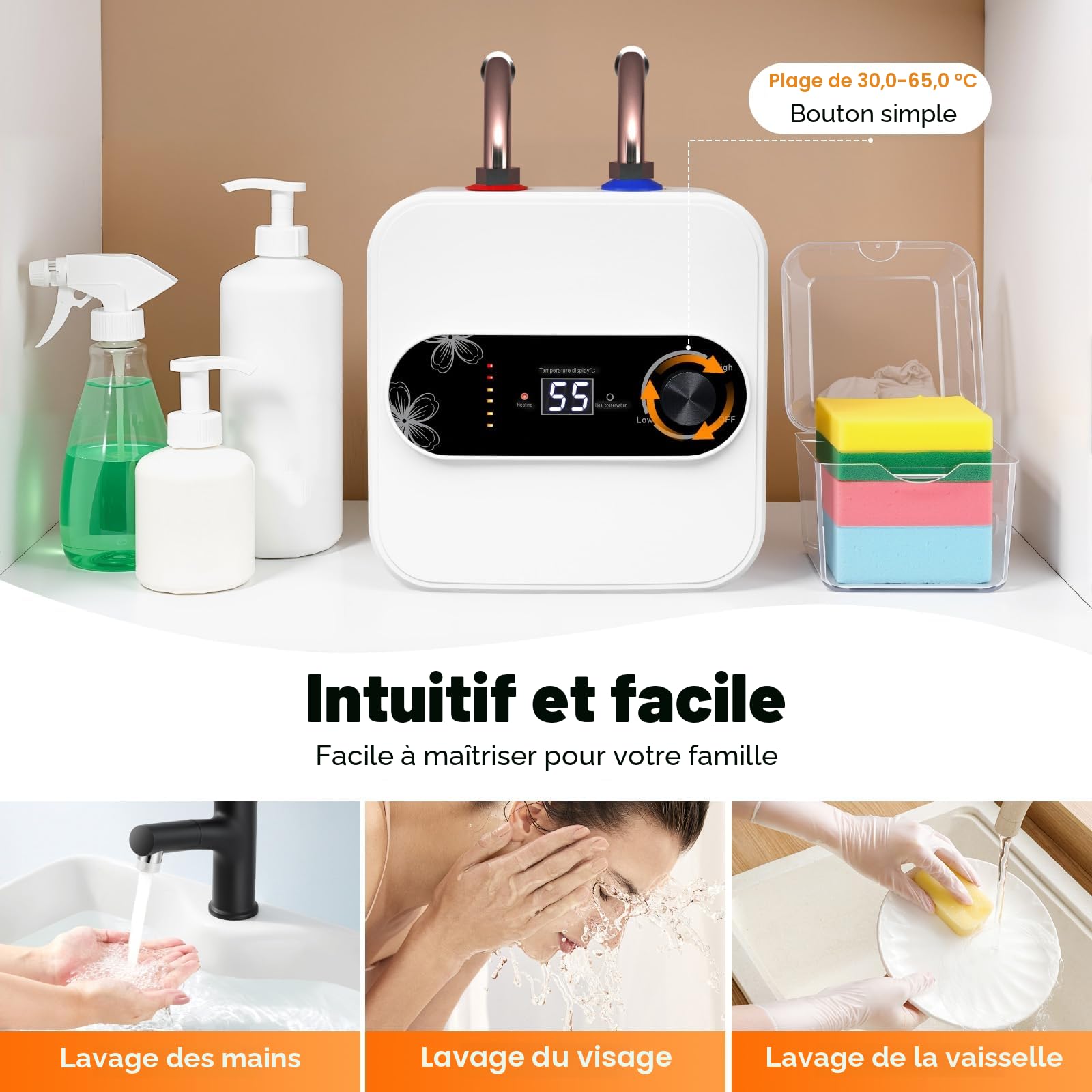 Chauffe-eau sous évier 8 l - Chauffe-eau électrique - 1500 W 220 V - Chauffe-eau sous évier 30-65 °C - Pour lavabo, cuisine, salle de bain