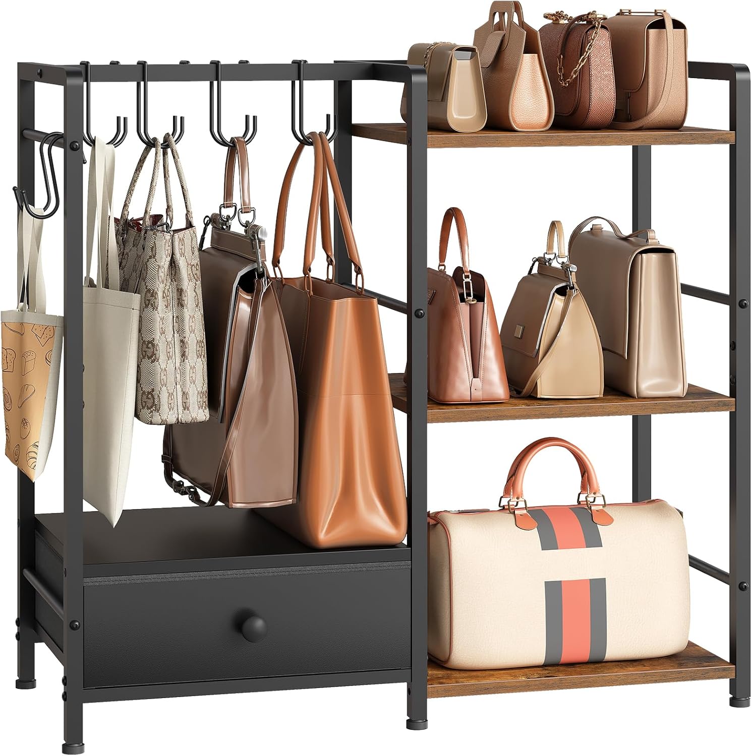 3tier purse organizer with hooks and drawer for handbags