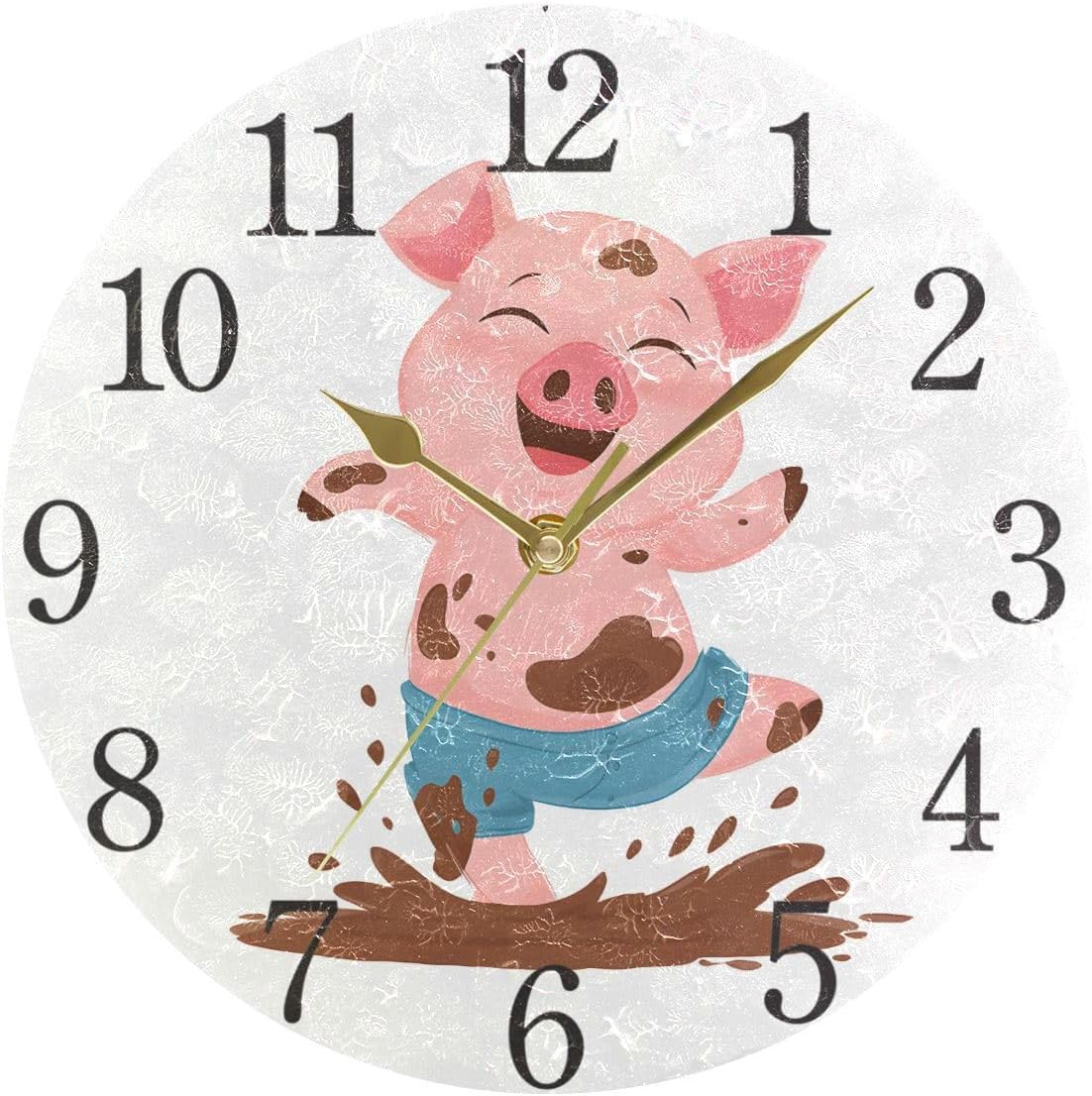 SUABO Piggy Wall Clock Arabic Numerals Design Pig Jumping A Dirty Pool Round Wall Clock for Living Room Bathroom Home Decorative