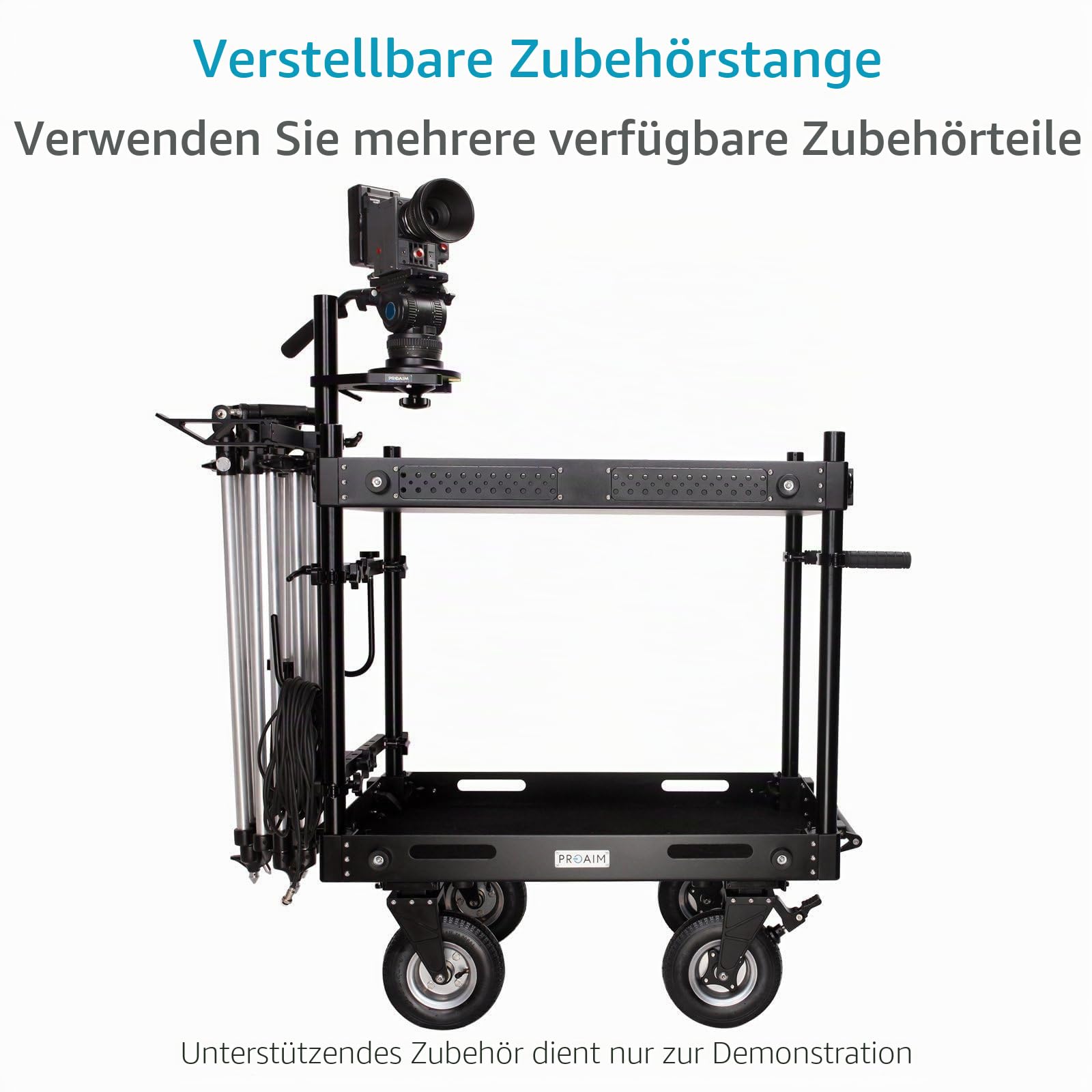 PROAIM Victor V1.1 42" Videoproduktions-Kameratrolley. Fahrzeugbelastbarkeit bis 200 kg/440,9 lb - höhenverstellbar und mit Rad. Mit Feststellfunktion an der Drehachse (VCTR-V1-42) | CNC Aluminium und Edelstahl; Luftreifen 9" Räder, 22" Lenkstange, integr