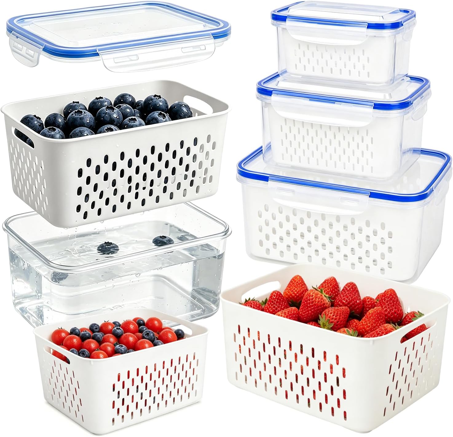 Fruit Containers 3Pcs with Removable Colanders & Lids, Fridge Fresh Storage