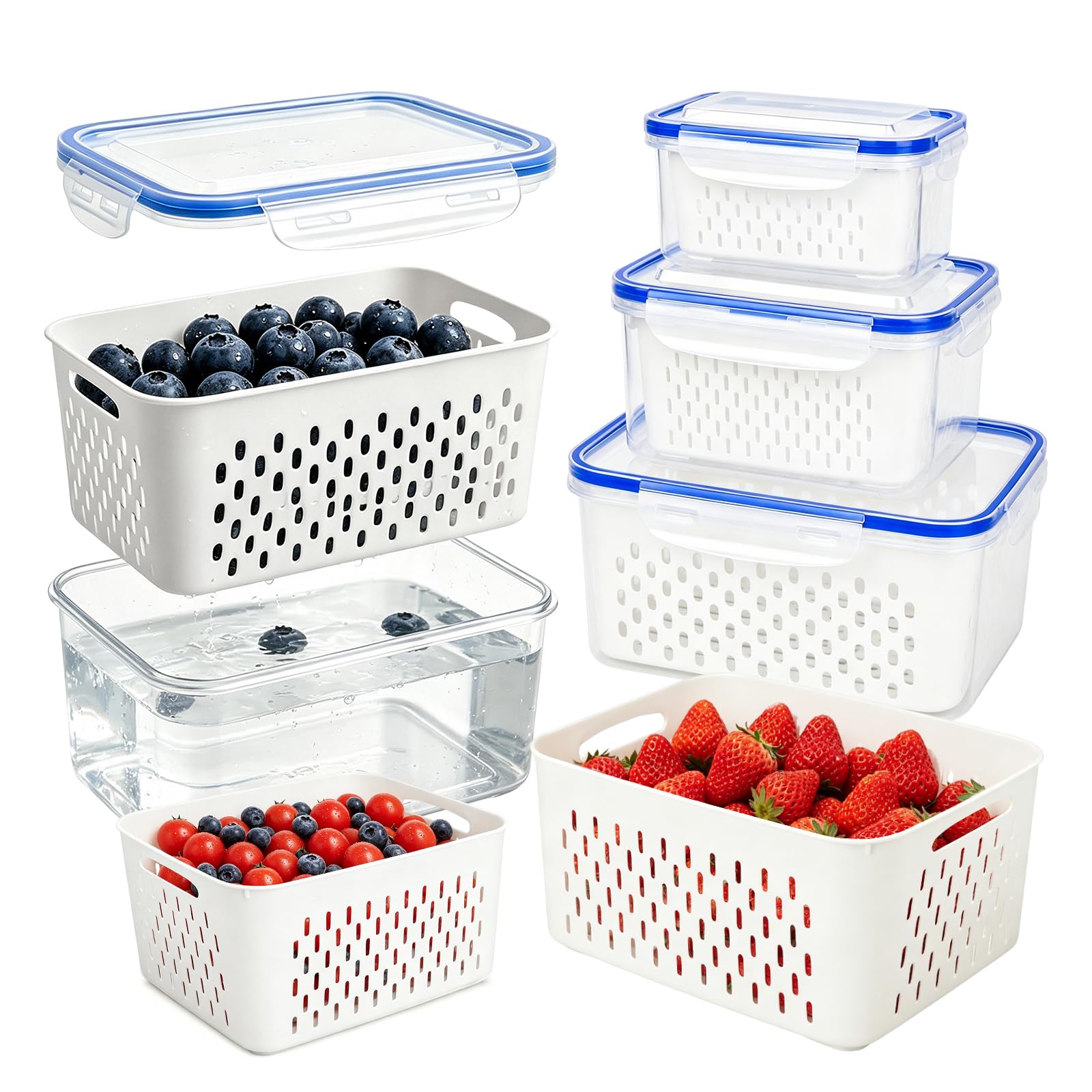 Fiacvrs 2 Pack Fruit Storage Containers for Fridge, Stackable Food Storage Containers with Removable Colander, Refrigerator Organizer with Drain Baskets Lids- Keeping Food Fresh Longer (S+M+L, Blue) — image 1