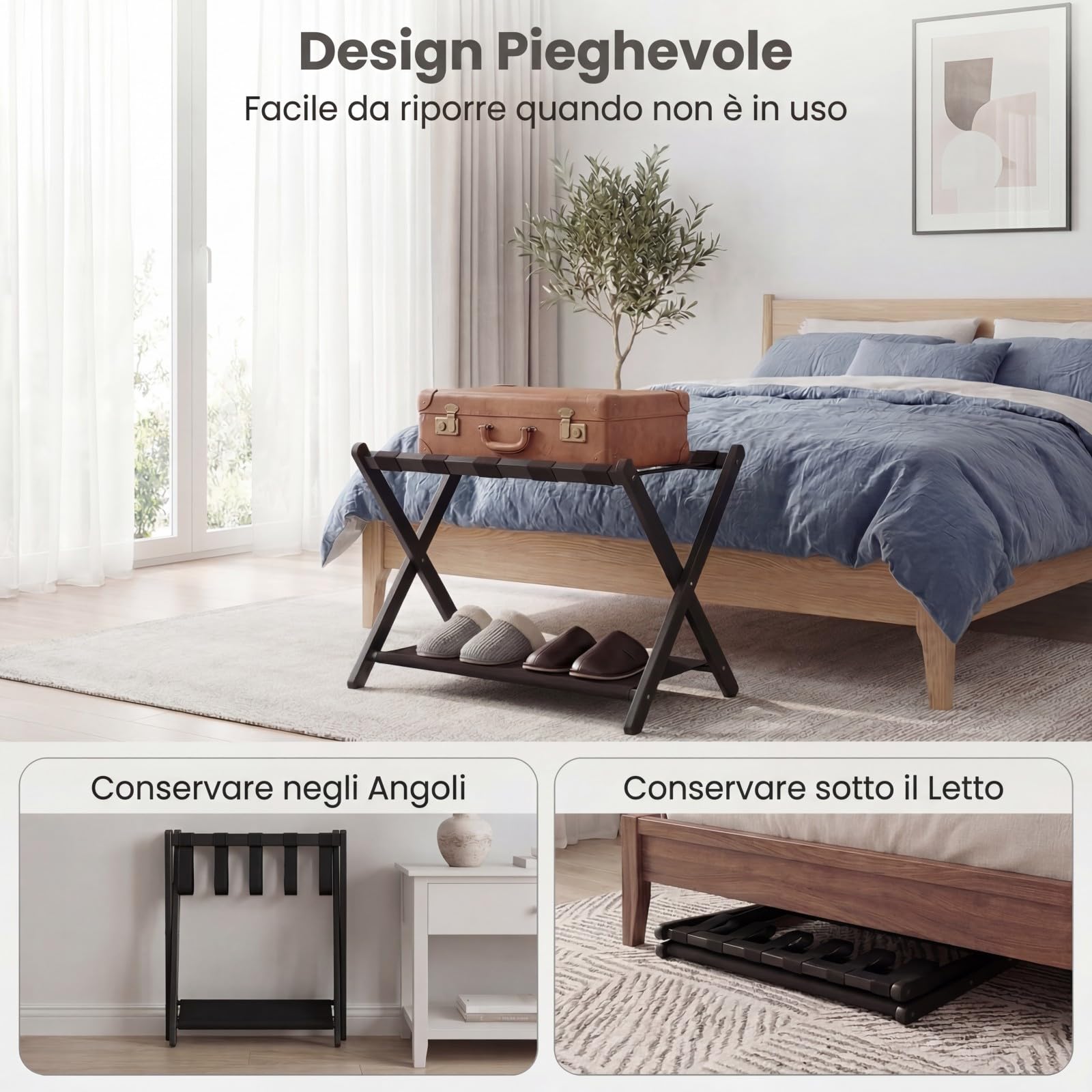 GYMAX Portavaligia Pieghevole, Portabagagli a 2 Ripiani da Camera con Struttura in Legno e 5 Cinghie di Nylon, Resistente all'Usura, Portapacchi per Hotel, Portata 60 kg, 67 x 46 x 52 cm (Nero)