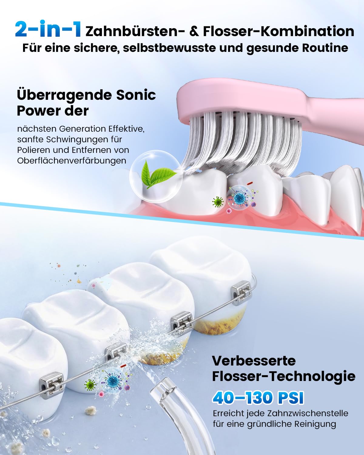 JTF Spazzolino elettrico e idropulsore 2 in 1, set per la cura dei denti – Spazzolino sonico 5 modalità e idropulsore 3+ modalità fai da te, 5 ugelli + 6 testine per spazzola, apparecchi dentali e