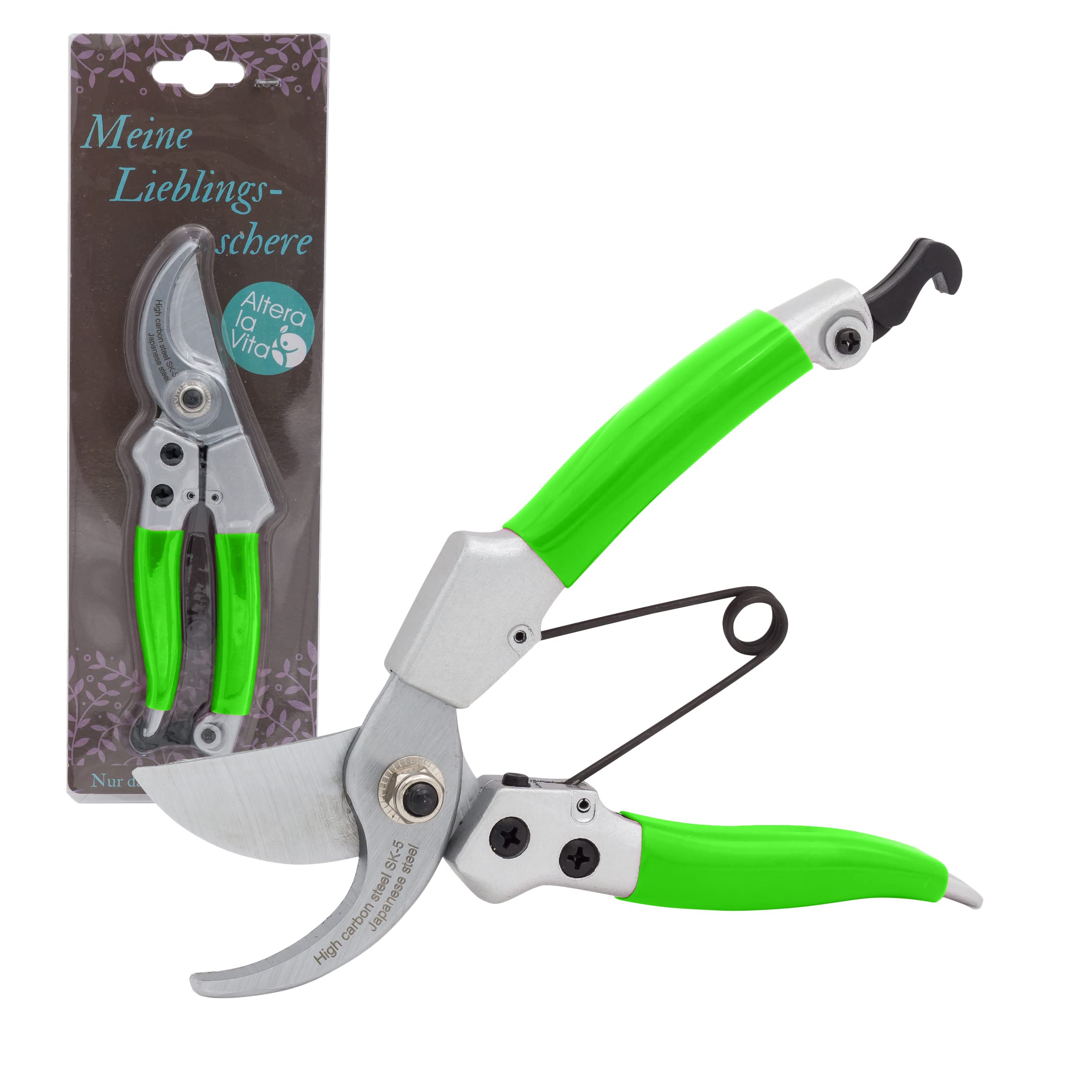 Altera la Vita Professionelle Floristenschere, Gartenschere, Baumschere, Rosenschere | klein ergonomisch für Rechts- und Linkshänder | Bypass-Schere hochwertige scharfe SK5-Stahl Klingen 18 cm Grün