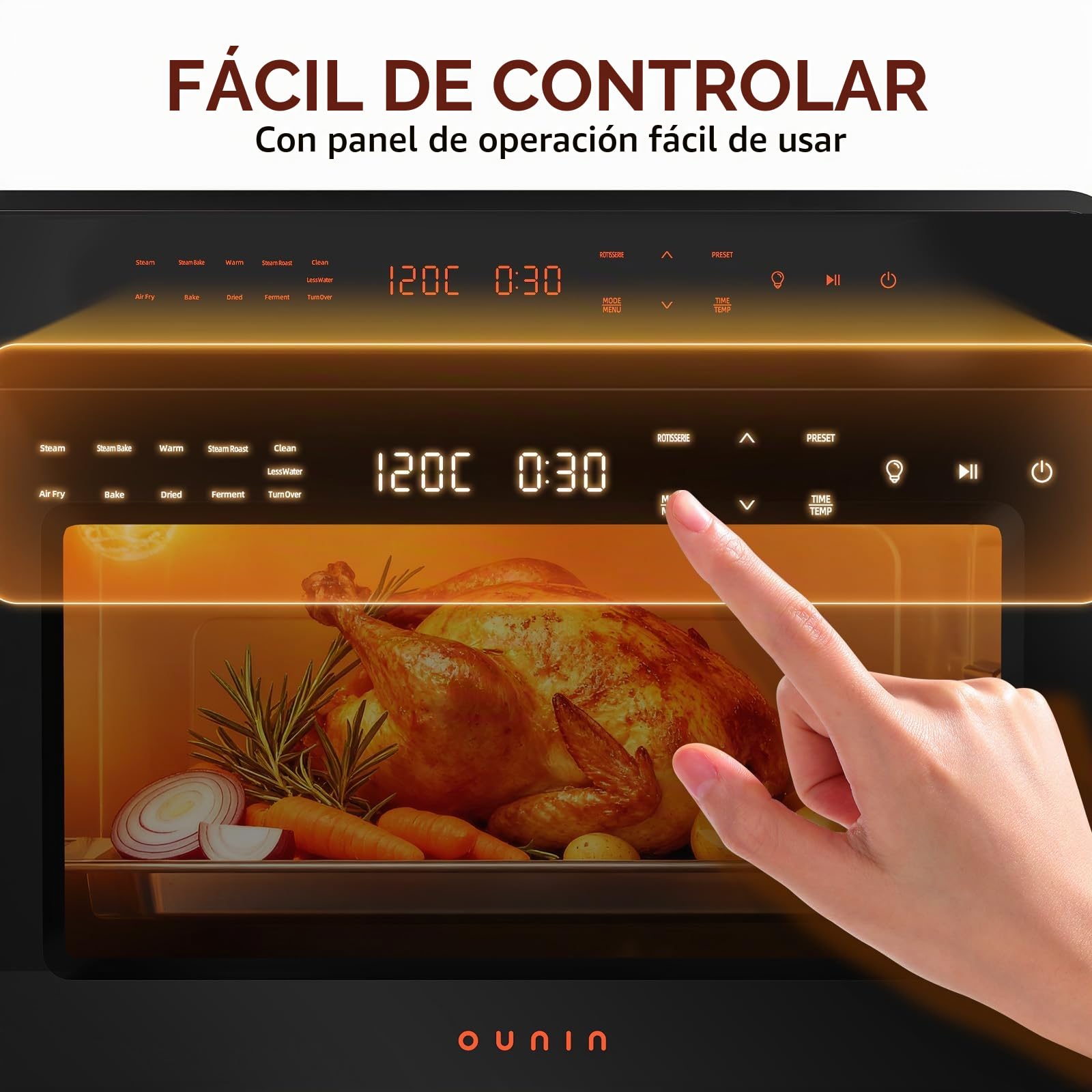 OUNIN 24L Horno Multifunción, 11 en 1 Horno con Freidora de Aire, Cocción en Doble Capa, Aire Caliente 360°, 1600W, Para Calamares Fritos, Croquetas Fritas, Chuletas de Cordero Asadas y Pan Horneado