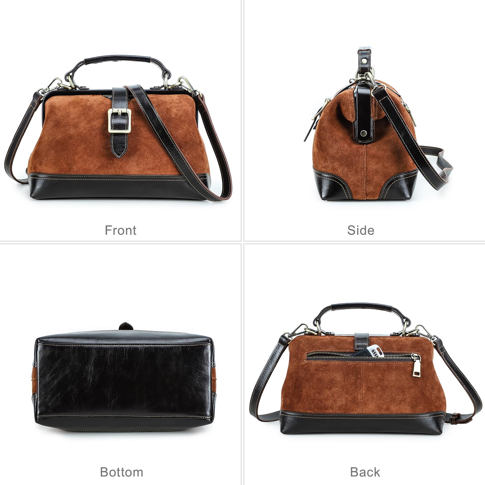 CONTACTS Bolso de mano con asa superior para mujer, de cuero de grano completo, bolso de mano, bolso de hombro, bolso de mano vintage con cierre de metal y apertura de marco