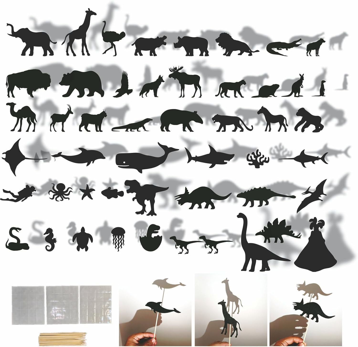 50-Piece Animal Shadow Puppet Theater Kit – Land, Ocean & Dinosaur Silhouette Felt Cutouts with Sticks – Educational Storytelling Toys for Kids, DIY Shadow Play & Classroom Activities