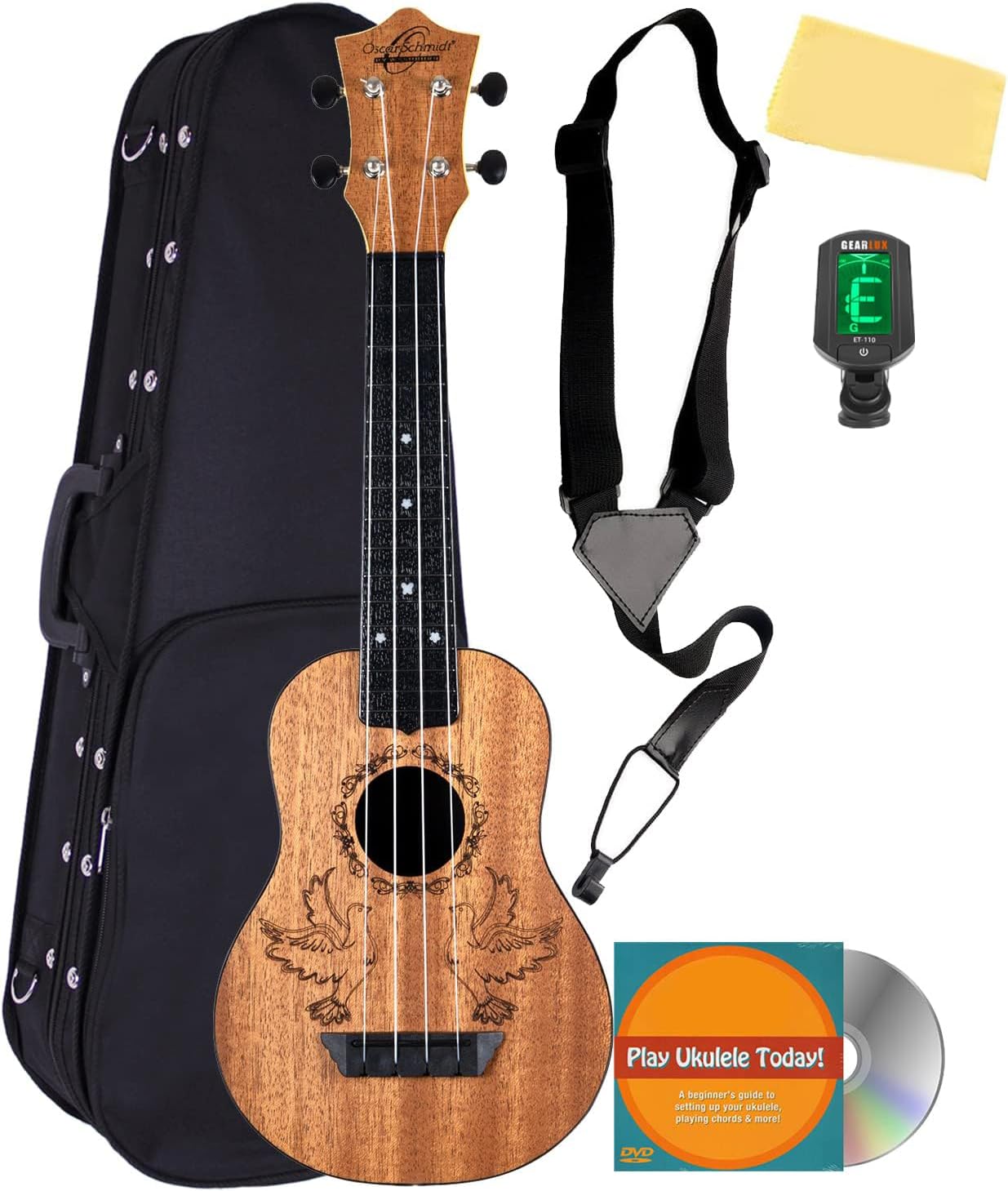 Oscar Schmidt OUN Soprano Ukulele - Dove Bundle with Hard Case, Strap, Tuner, Strings, Austin Bazaar Instructional DVD, and Polishing Cloth